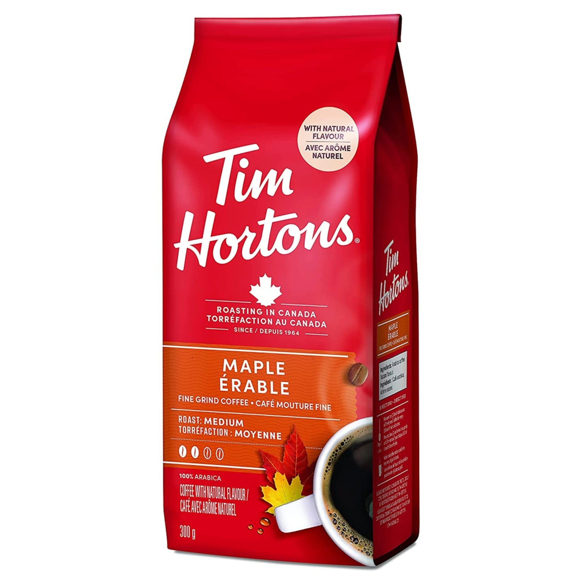 A red Tim Hortons Maple coffee package standing in an angle with a white background.