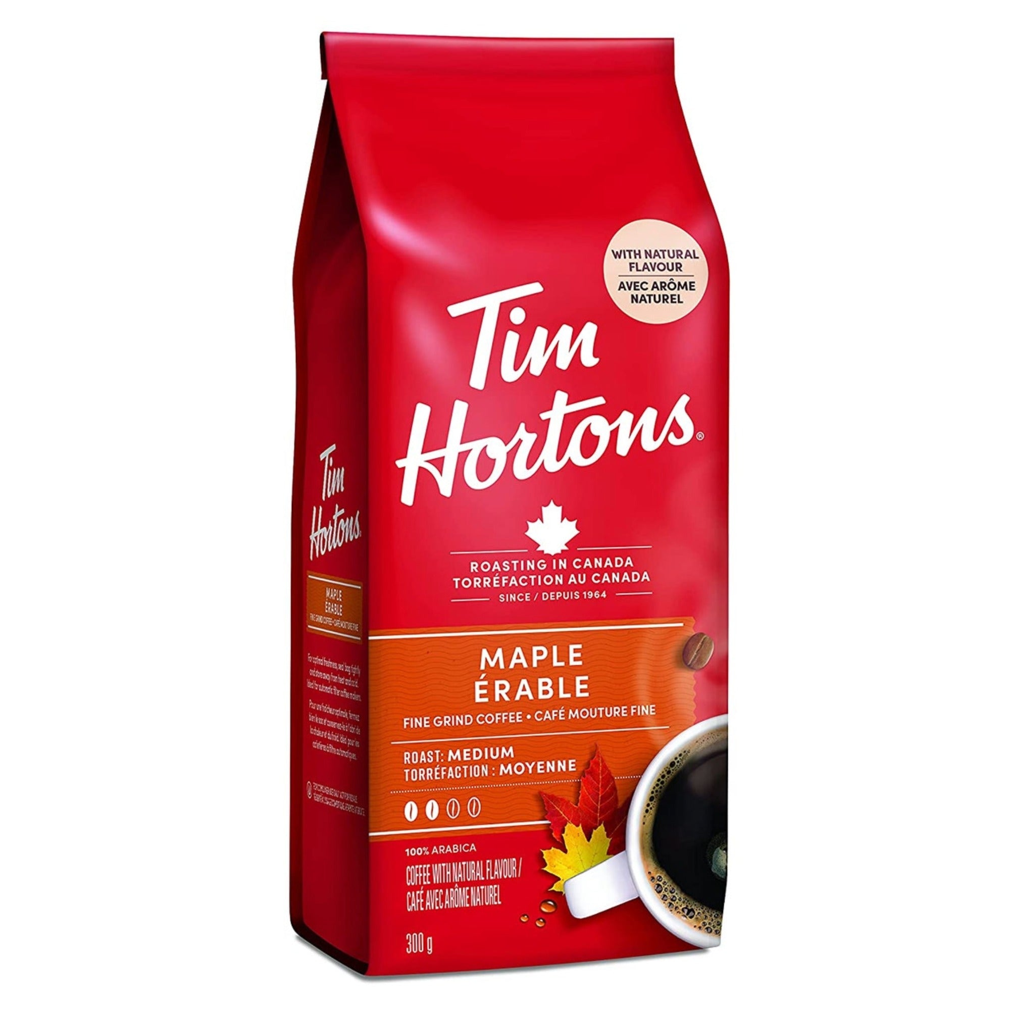 A red Tim Hortons Maple coffee package standing in an angle.