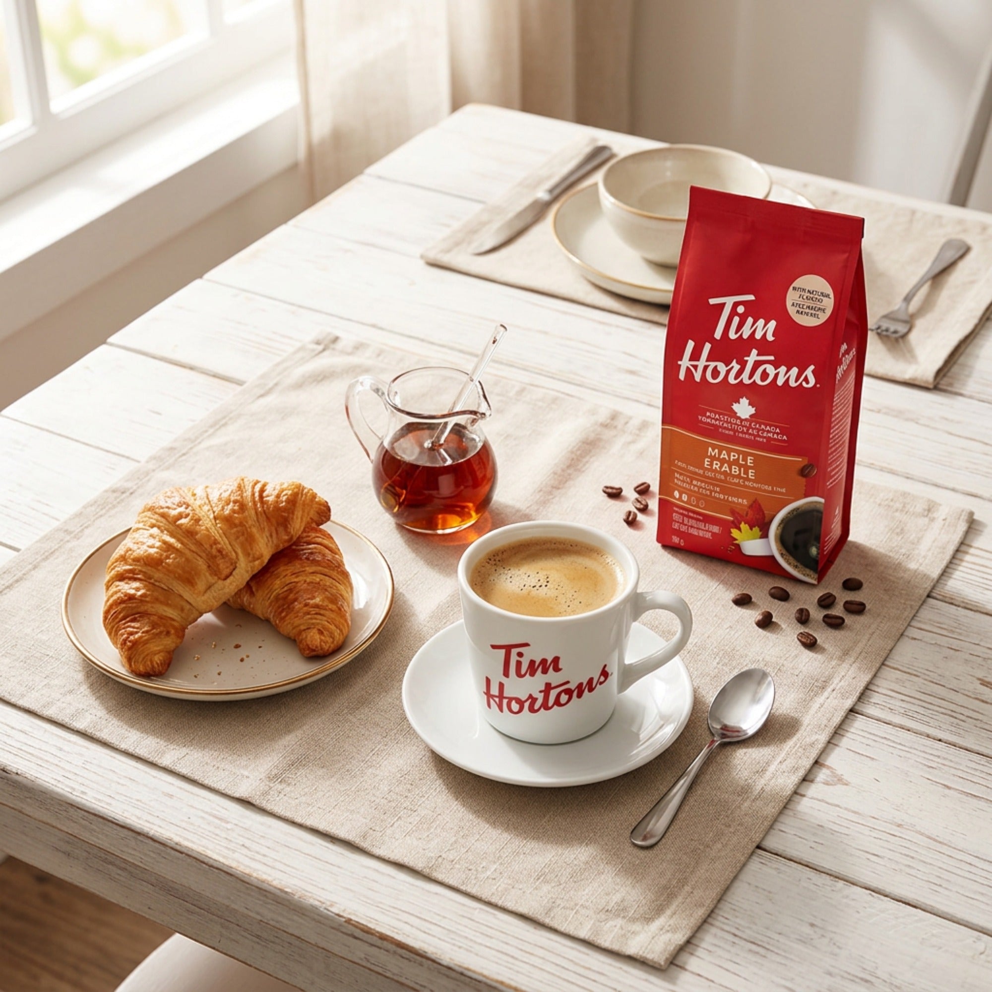 A set breakfast table showing two croissants, a creamer with maple syrup, a prepared cup of coffee, a package of Tim Hortons Maple Coffee, placed on a beige napkin on a white wooden table.
