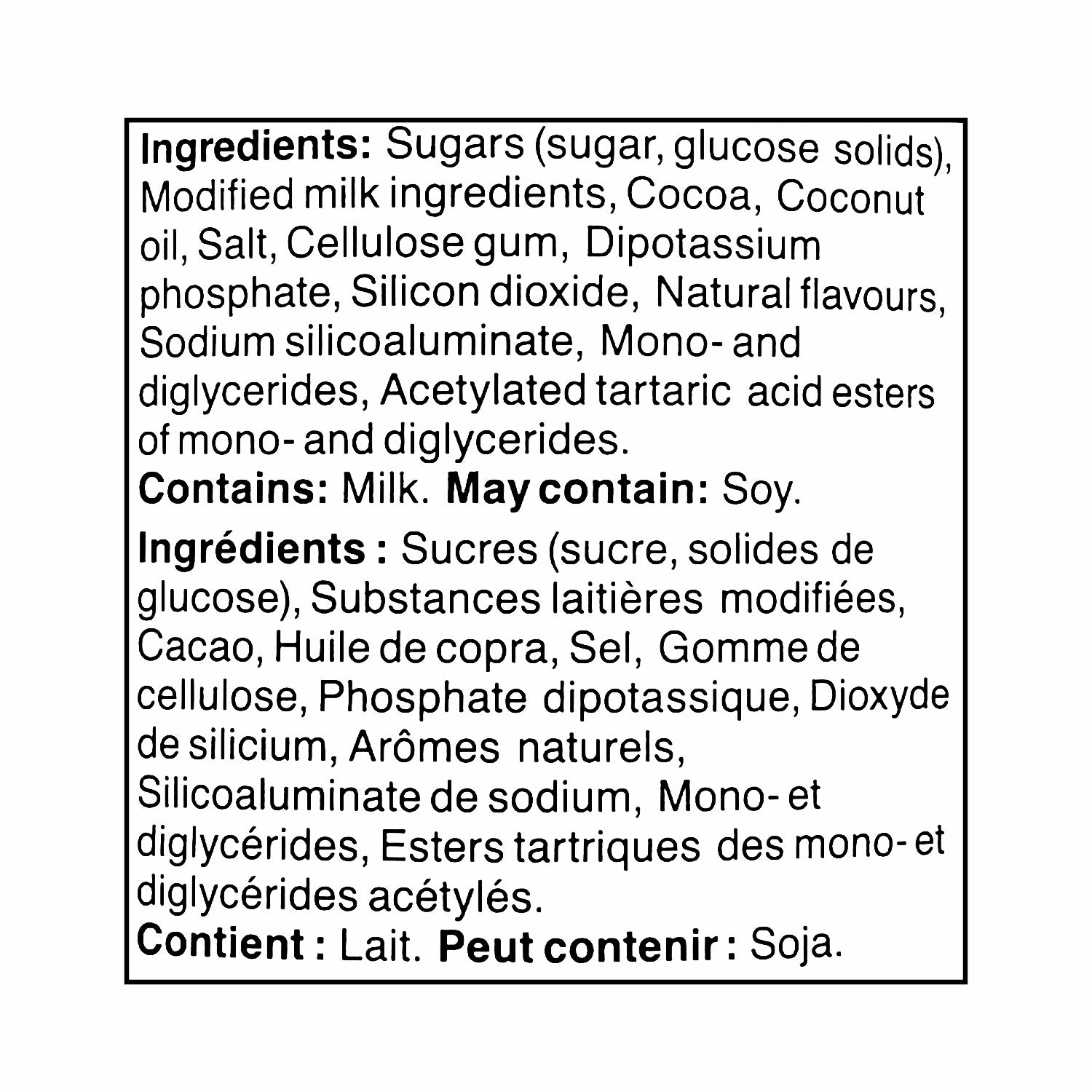 Tim Hortons Hot Chocolate Mix 1.5 kg ingredients label