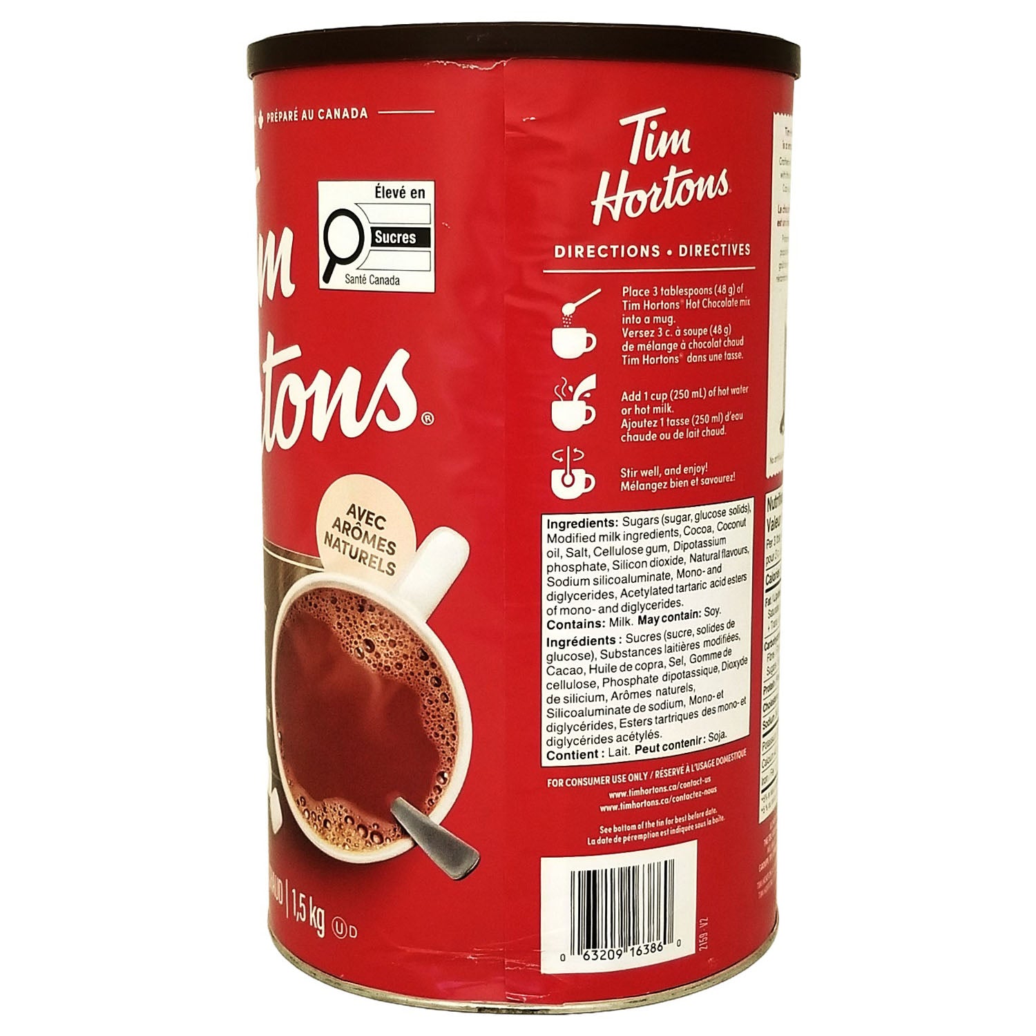 Tim Hortons Hot Chocolate Mix 1.5 kg canister, side label detail