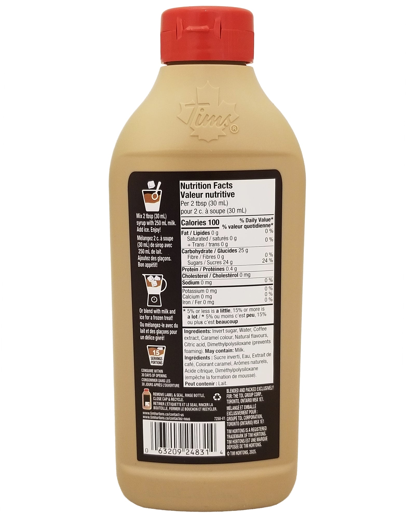 Tim Hortons Iced Coffee Syrup Cappuccino 470ml back label Canadian coffee syrup