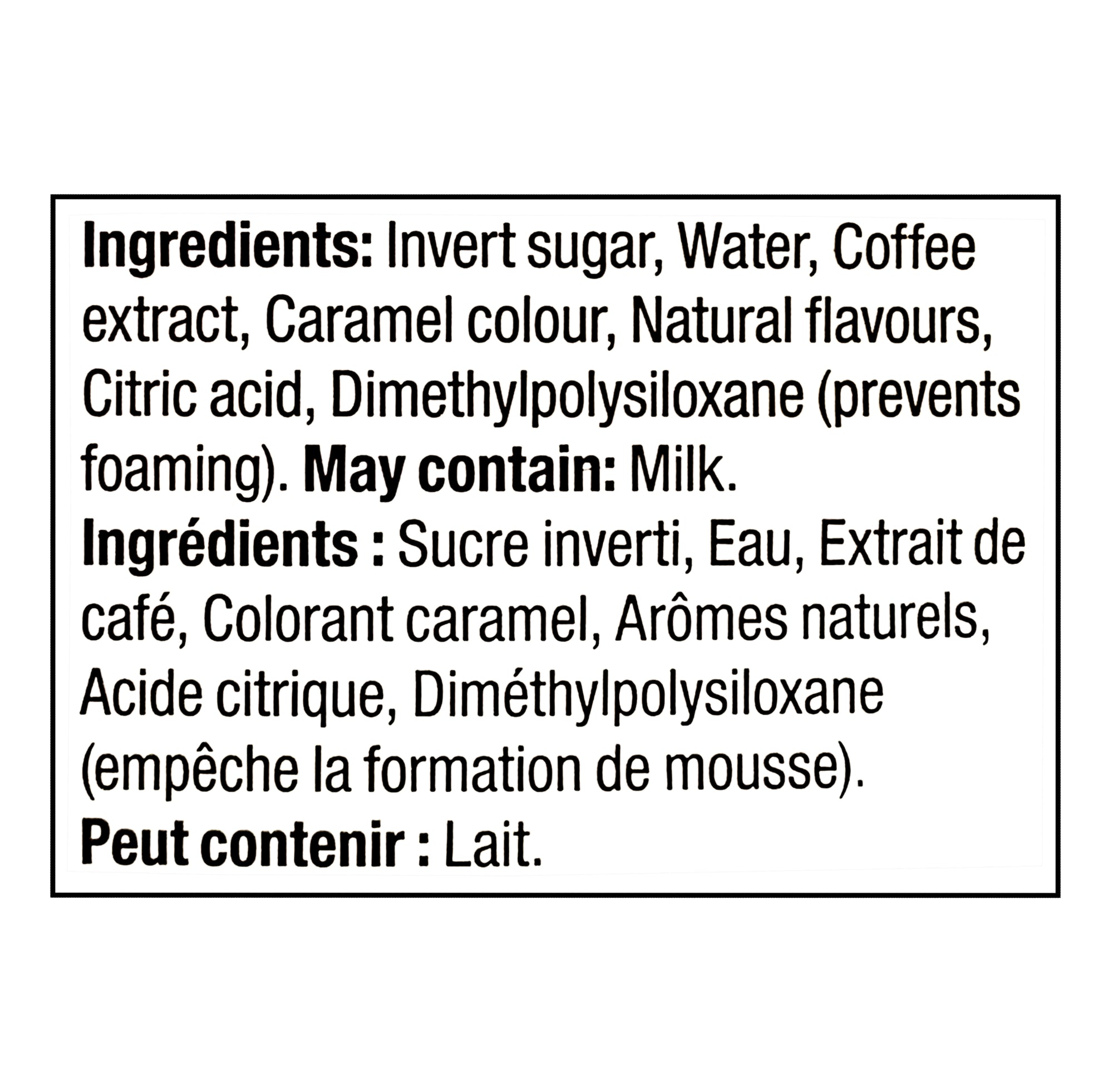 Tim Hortons Iced Coffee Syrup Cappuccino 470ml ingredients label Canadian coffee