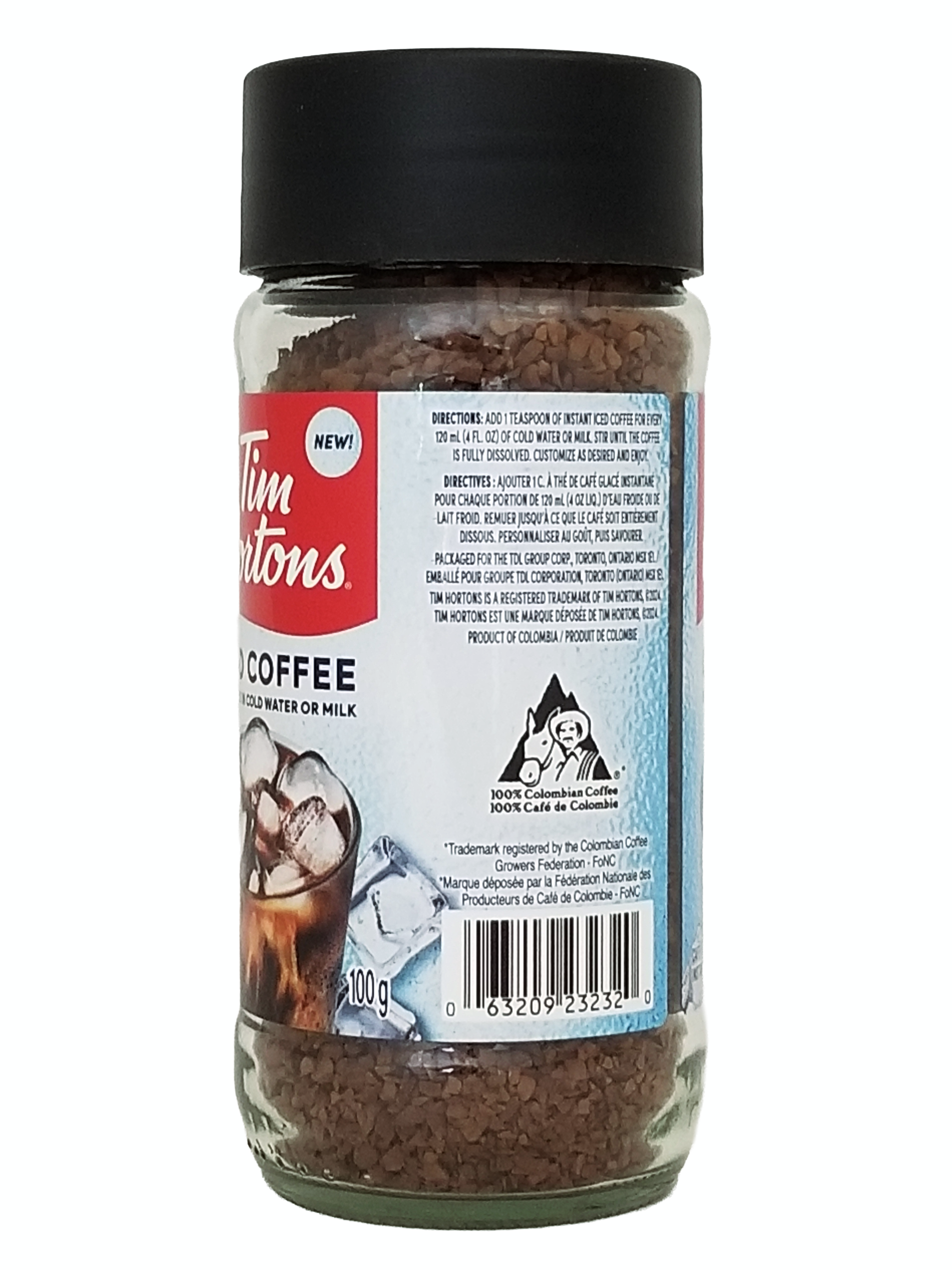 Jar of Tim Hortons 100% Colombian Instant ICED COFFEE (Medium) 100g/3.5 oz on a white background