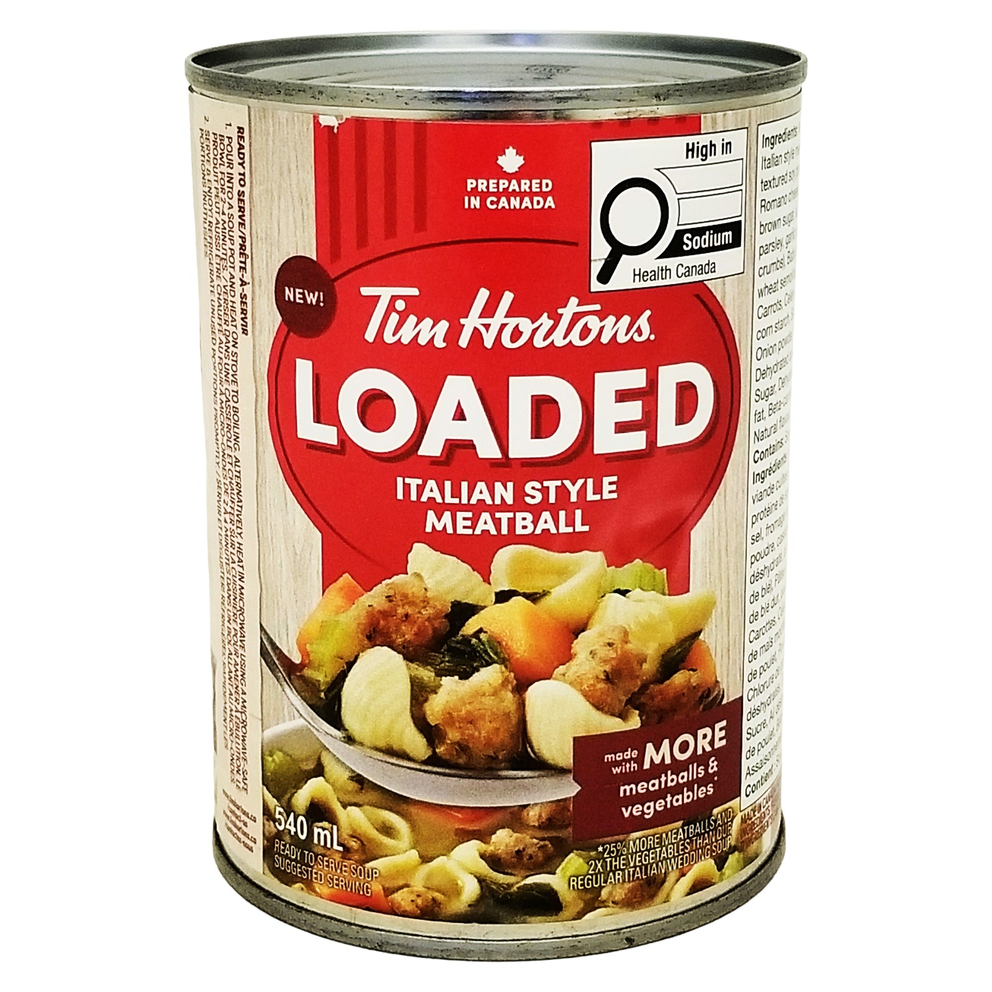 Tim Hortons Loaded Italian Style Meatball Soup, 540 mL can with English front label.