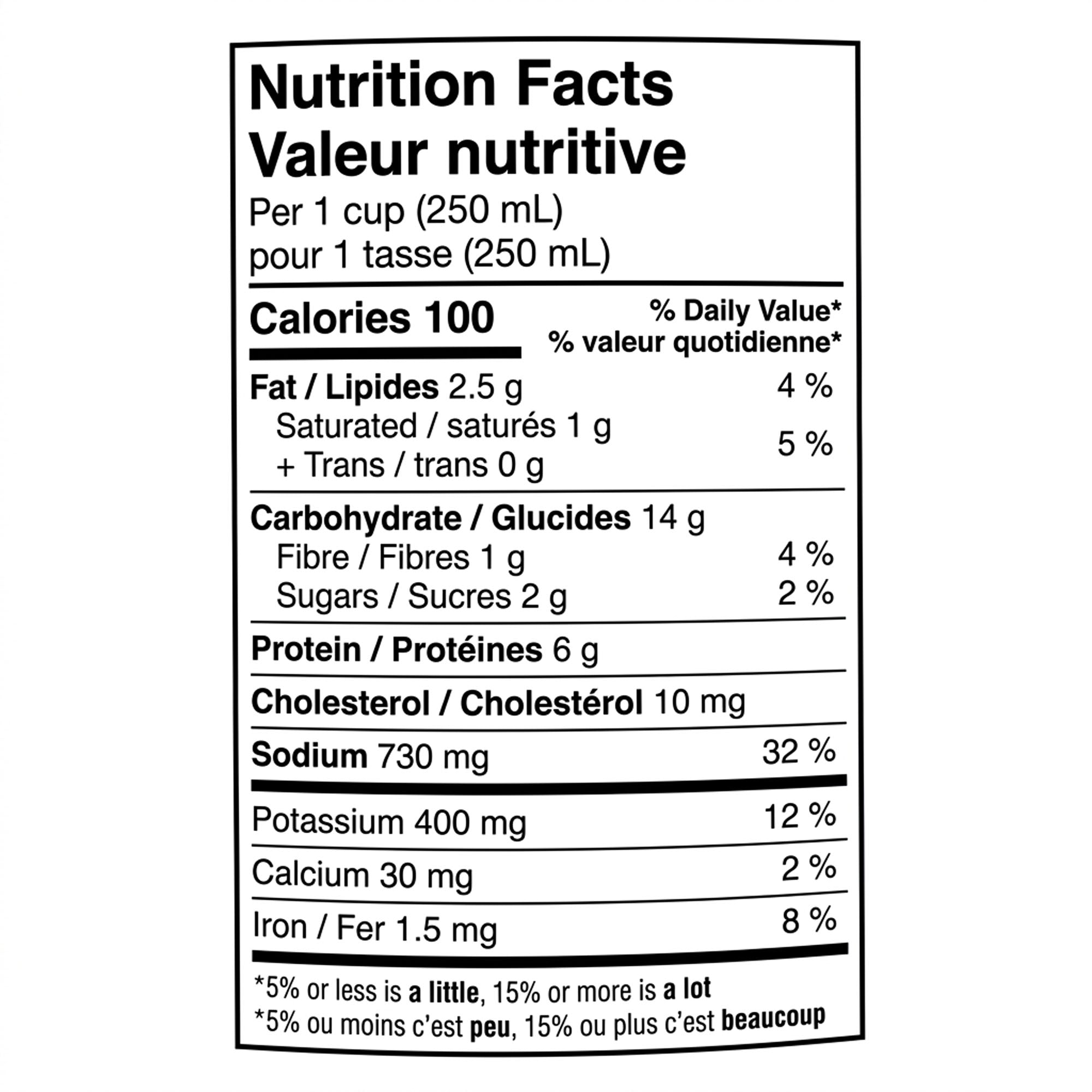Bilingual nutrition facts for Tim Hortons Loaded Italian Style Meatball Soup, showing 100 calories per 250 mL serving.