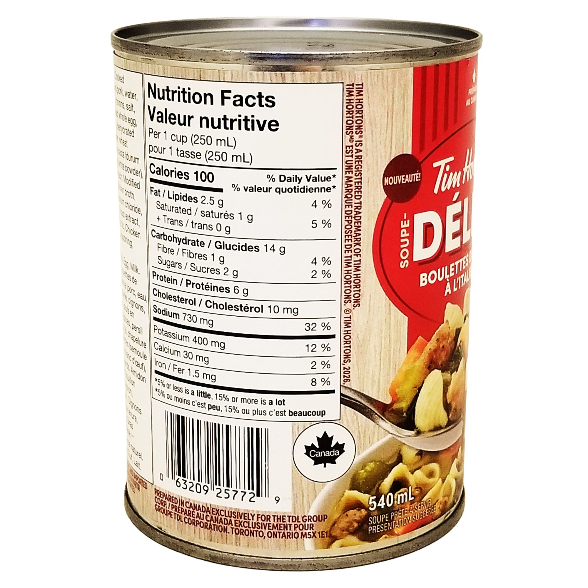Angled Tim Hortons Loaded Italian Style Meatball Soup can showing nutrition facts, barcode and part of the French label.