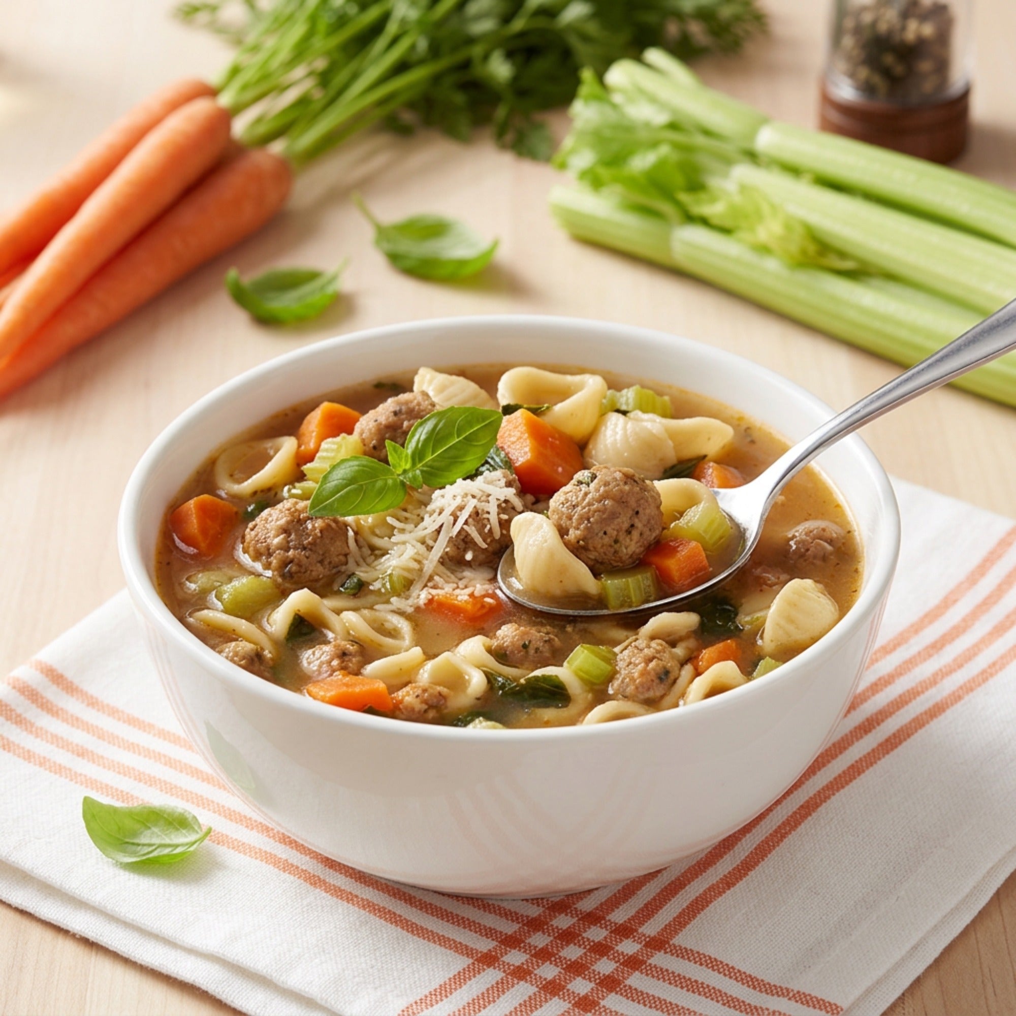 Tim Hortons Loaded Italian Style Meatball Soup with meatballs, shell pasta and vegetables in a white bowl.