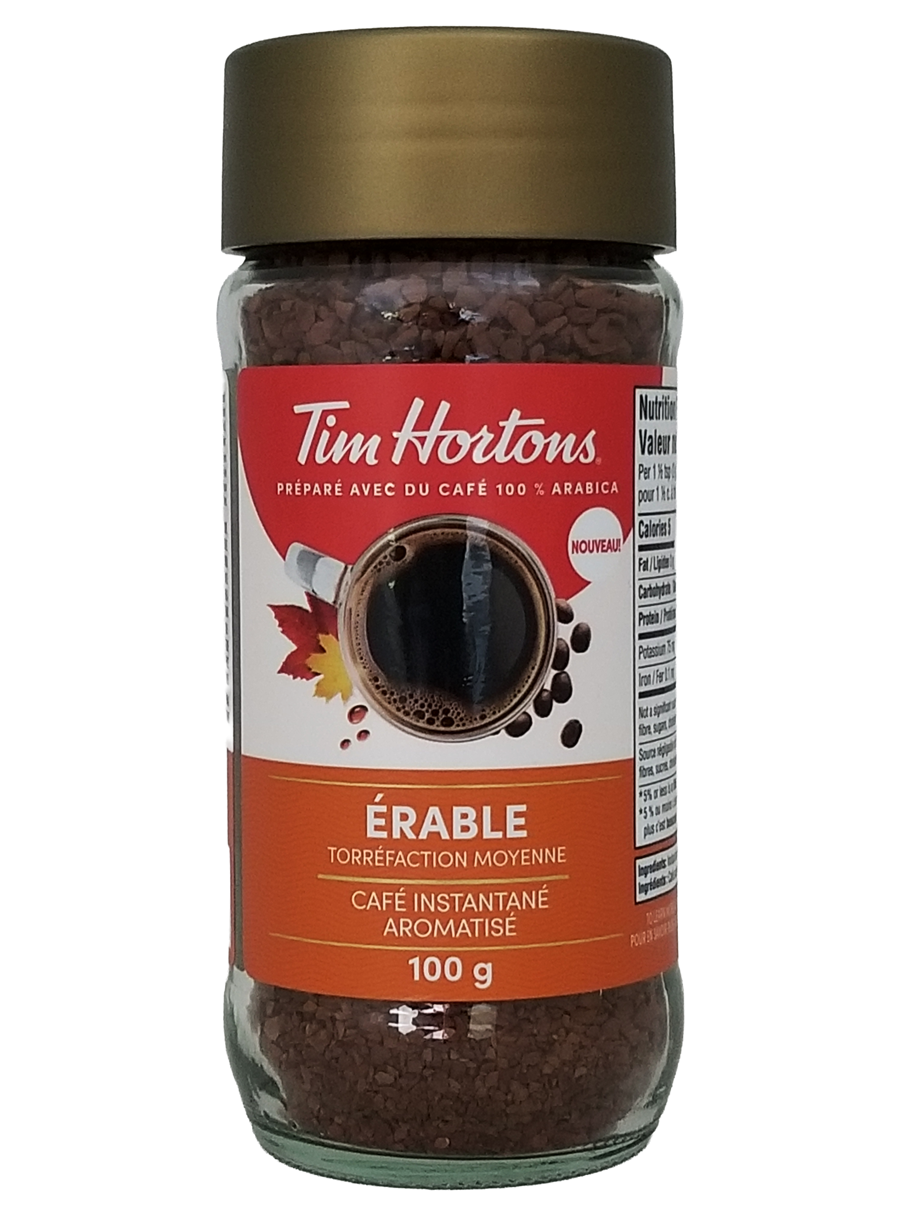 Tim Hortons Maple instant coffee jar with a gold lid on a white background