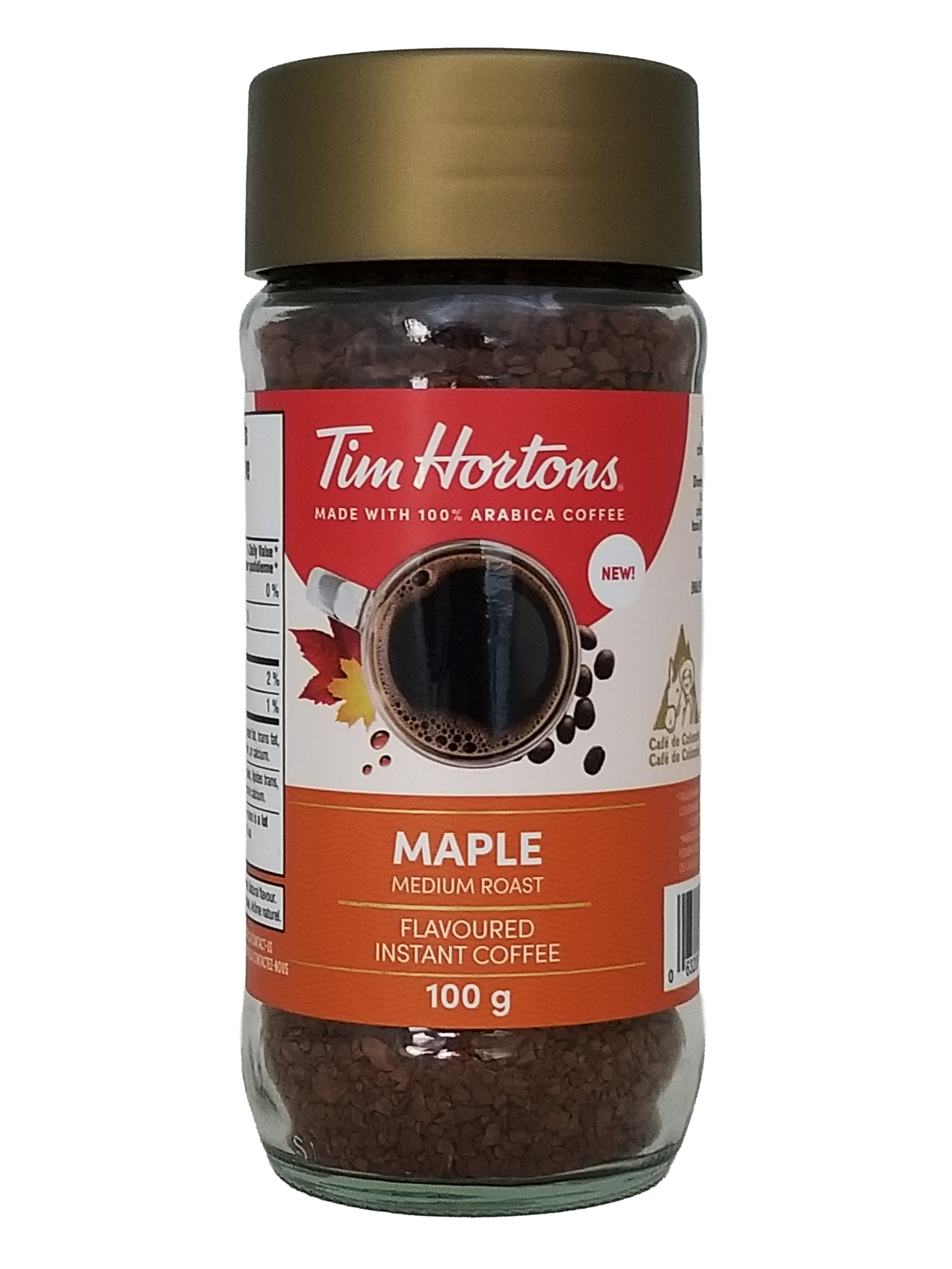 Tim Hortons Maple flavored instant coffee jar on a white background