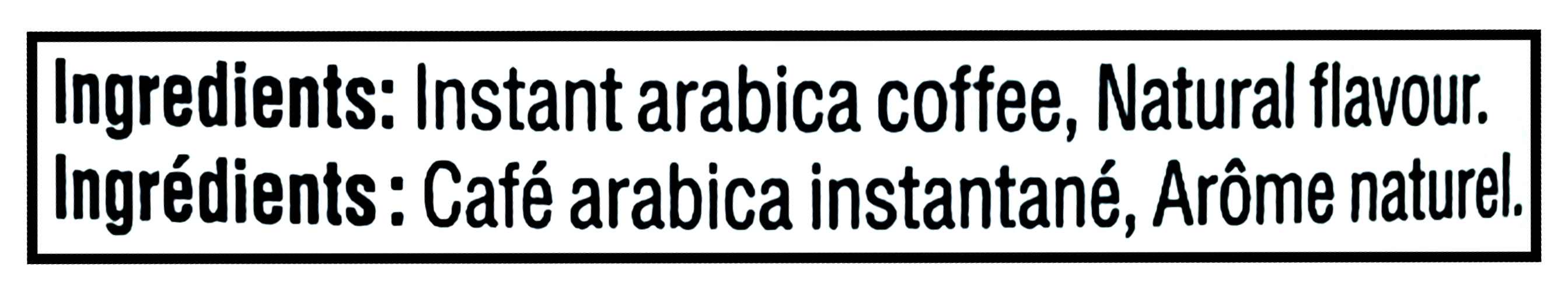 Ingredients for Tim Hortons Medium Roast 100% Arabica Instant Coffee, Maple Flavored, 100g/3.5 oz with natural flavor.