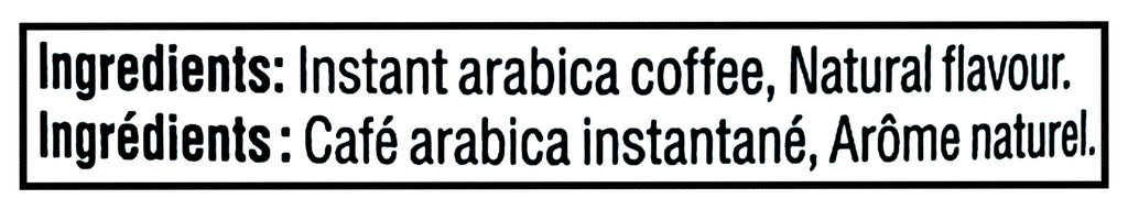 Ingredients for Tim Hortons Medium Roast 100% Arabica Instant Coffee, Maple Flavored, 100g/3.5 oz with natural flavor.