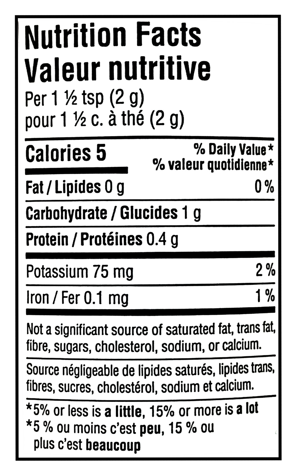 Nutrition facts label for Tim Hortons Medium Roast 100% Arabica Instant Coffee, Maple Flavored, 100g/3.5 oz with specific calorie count and nutritional content per serving.