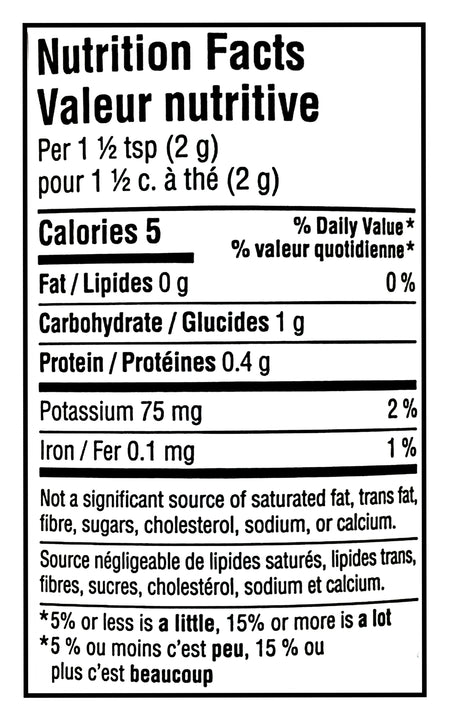 Nutrition facts label for Tim Hortons Medium Roast 100% Arabica Instant Coffee, Maple Flavored, 100g/3.5 oz with specific calorie count and nutritional content per serving.