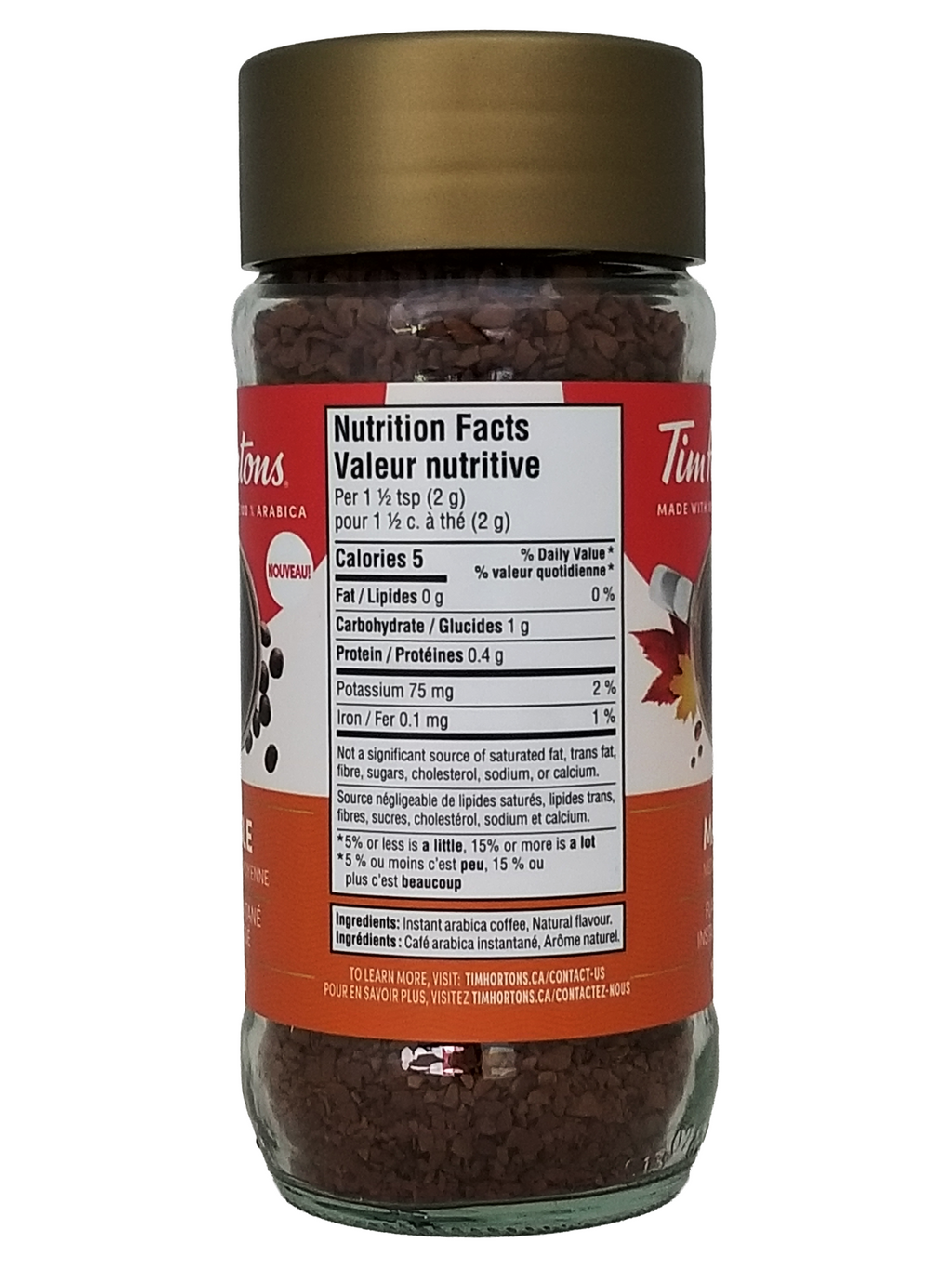 Tim Hortons Maple coffee jar with nutrition facts label on a white background