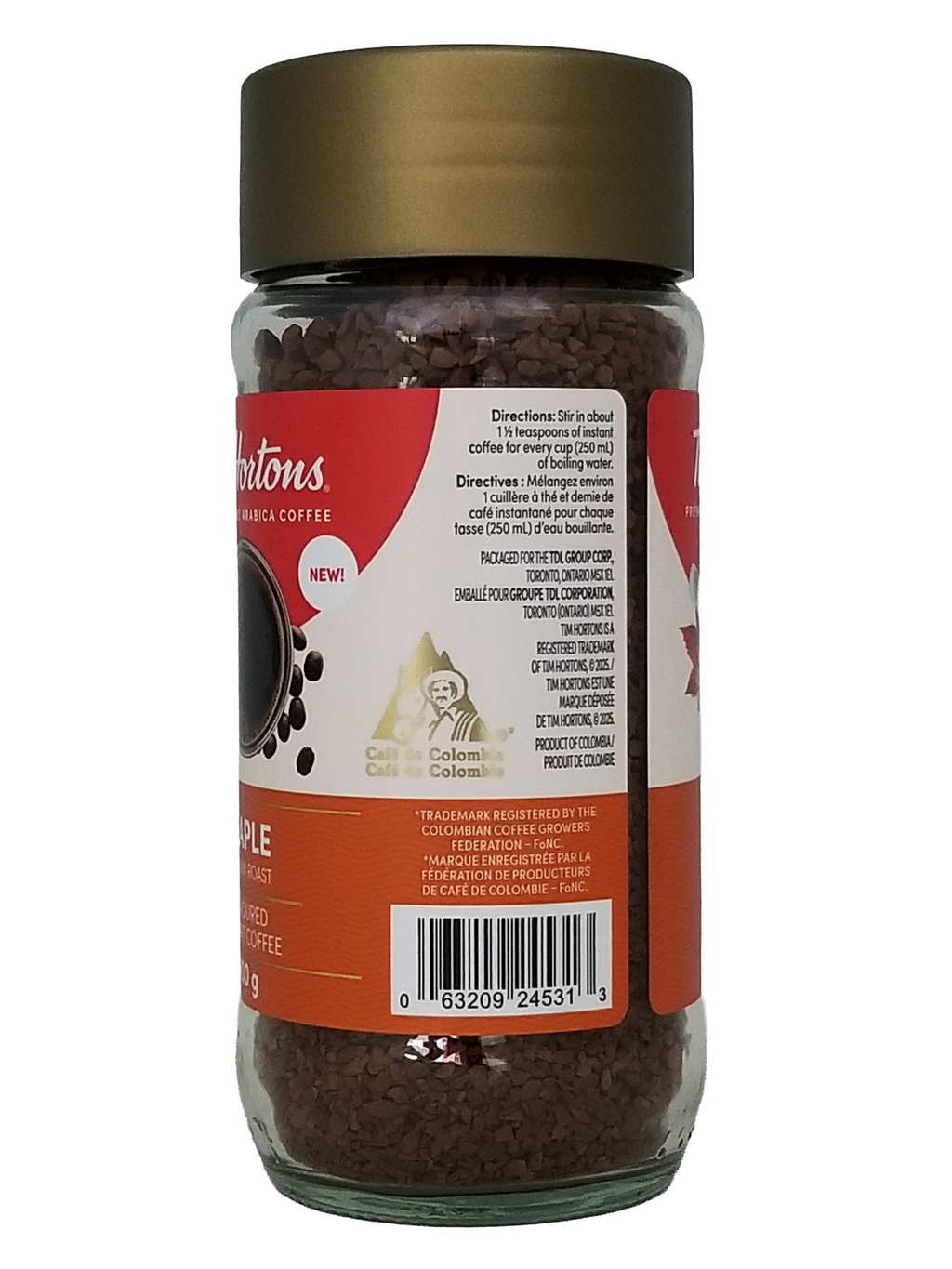Jar of Tim Hortons Medium Roast 100% Arabica Instant Coffee, Maple Flavored, 100g/3.5 oz with a visible label on a white background