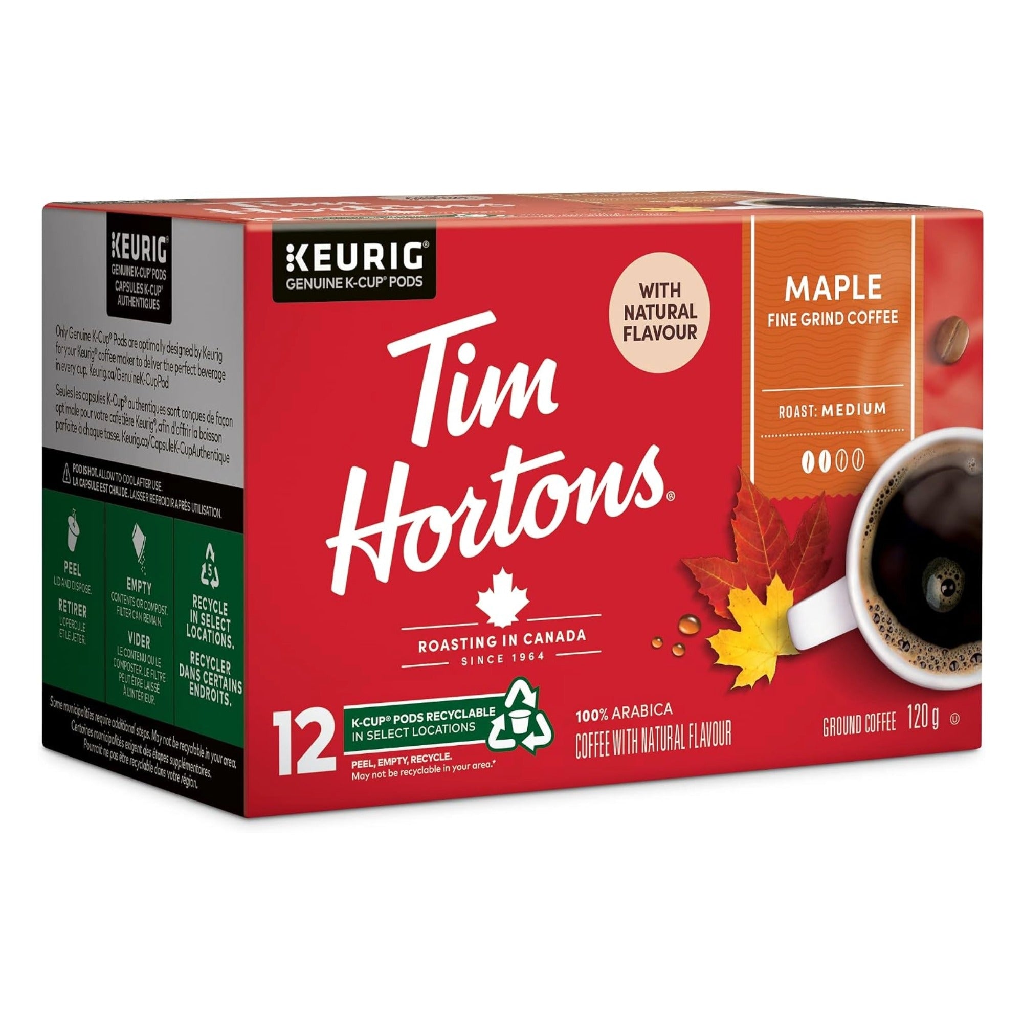 A box of Tim Hortons Keurig coffee pods in Maple Fine Grind Coffee, showing the red and orange packaging with a cup of black coffee and maple leaf graphics.