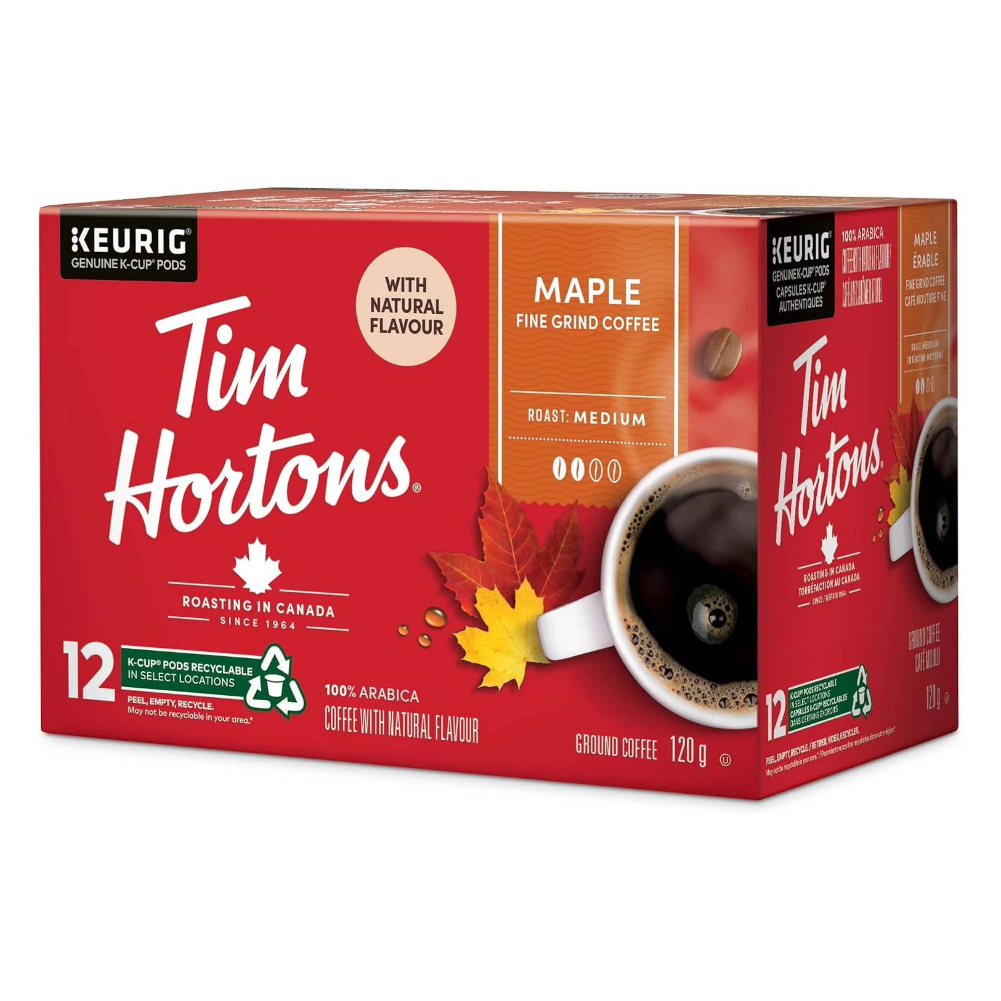 A box of Tim Hortons Keurig coffee pods in Maple flavor, containing 12 pods. The packaging is predominantly red with white branding, an orange flavor panel, and illustrations of autumn leaves and a cup of coffee.