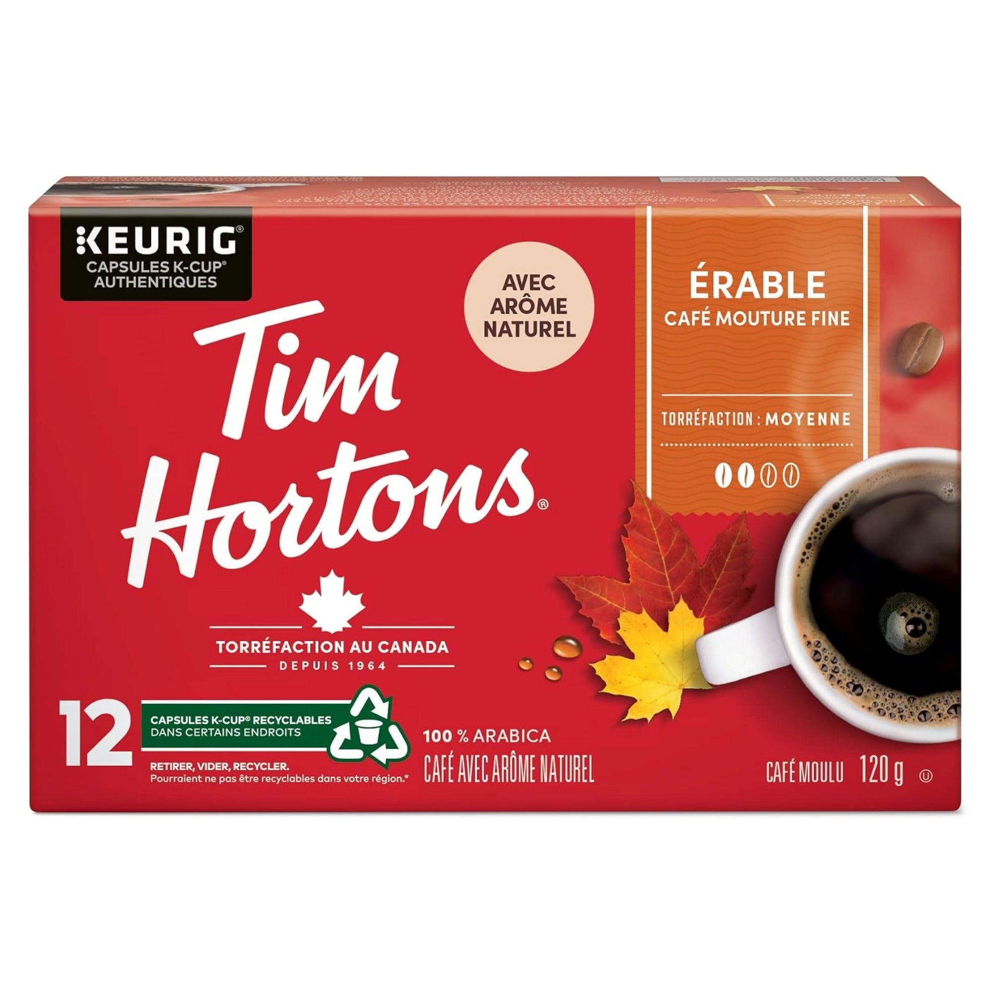 A red Tim Hortons Keurig coffee capsule box on a white background, with a cup of black coffee shown on the front alongside autumn leaves and the text 'Érable café moútre fine'.