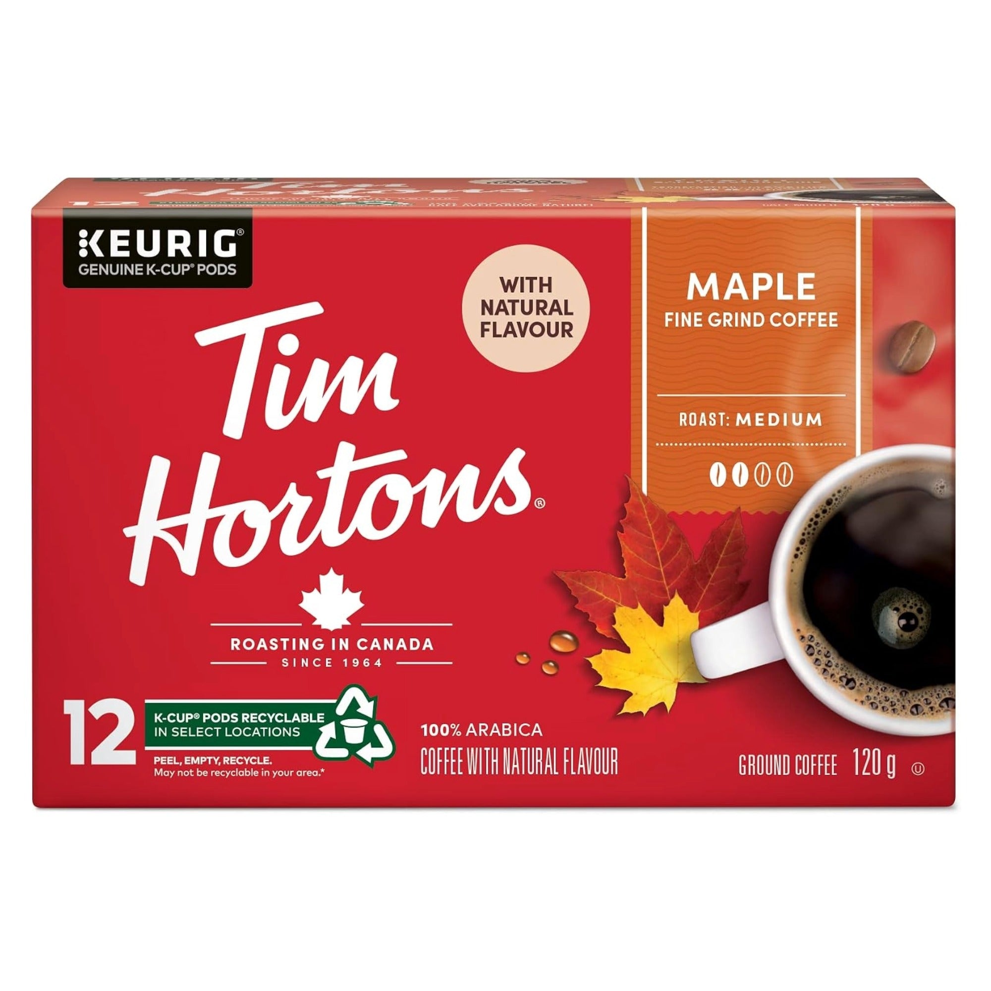 A box of Tim Hortons Keurig coffee pods in Maple flavor, featuring a red and orange design with autumn leaf graphics and a cup of black coffee on a white background.
