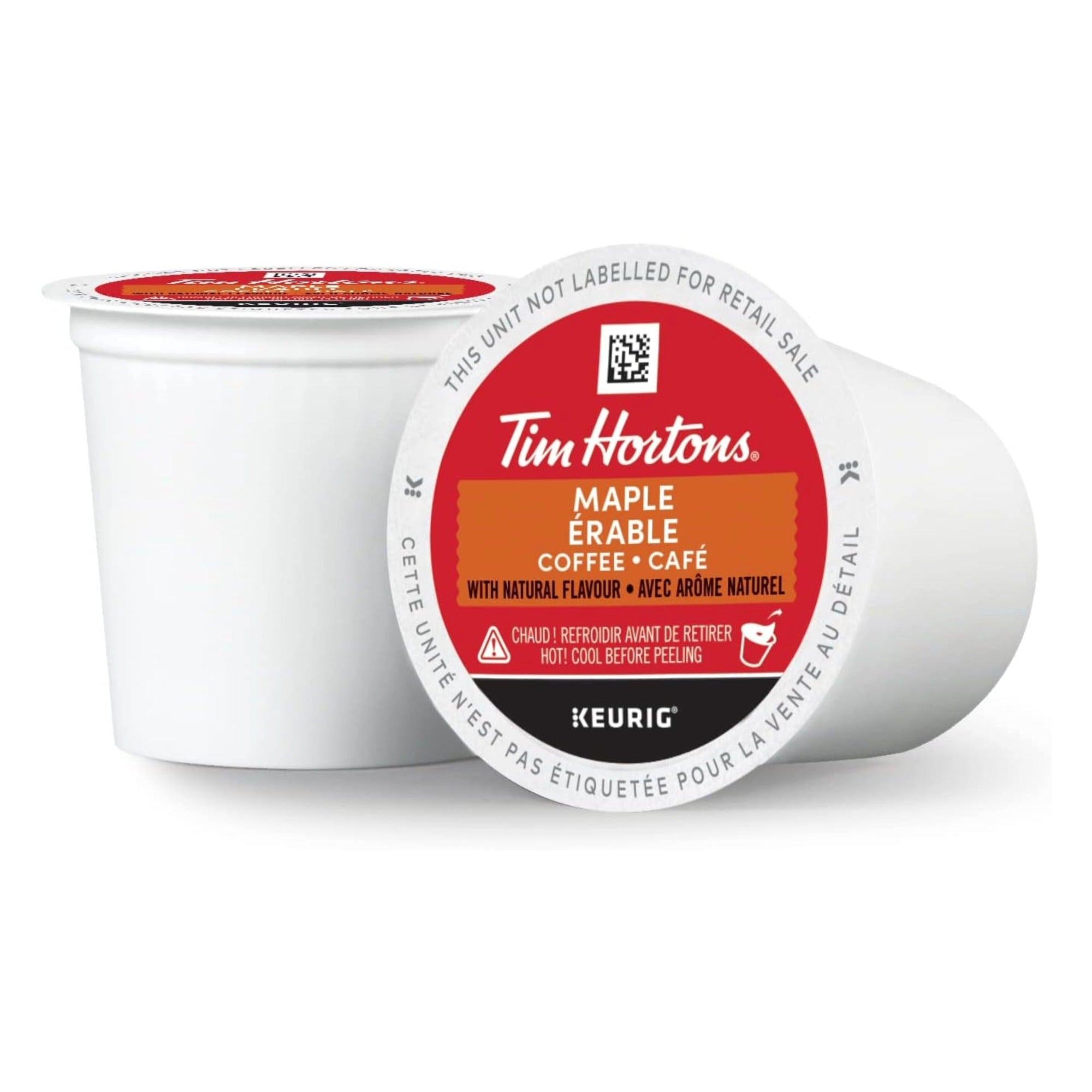 Two Tim Hortons Maple Éable coffee pods from Keurig, showing the front and side labels on a clean white background.