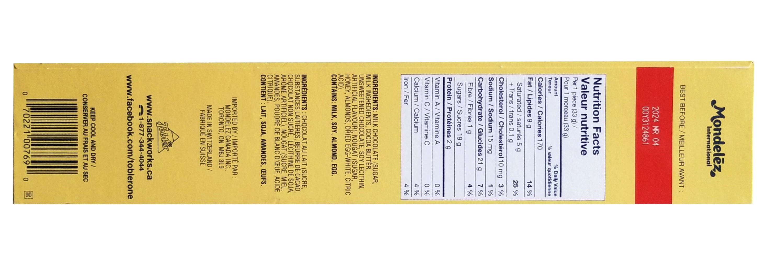 Toblerone Swiss Milk Chocolate With Honey & Almond Nougat, 360g/12.6 oz