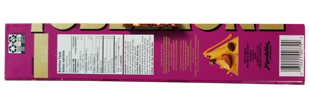 Toblerone Milk Chocolate With Raisins and Honey & Almond Nougat, 360g/12.6 oz. Bar {Imported from Canada}