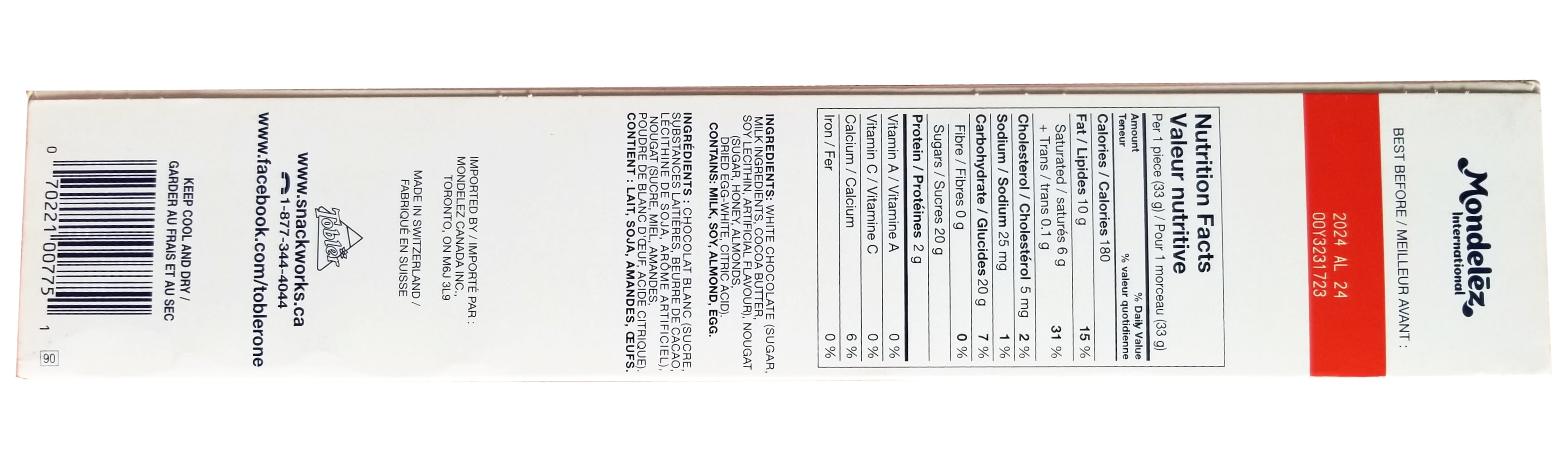 Toblerone Swiss White Chocolate With Honey & Almond Nougat, 360g/12.6 oz. Bar {Imported from Canada}