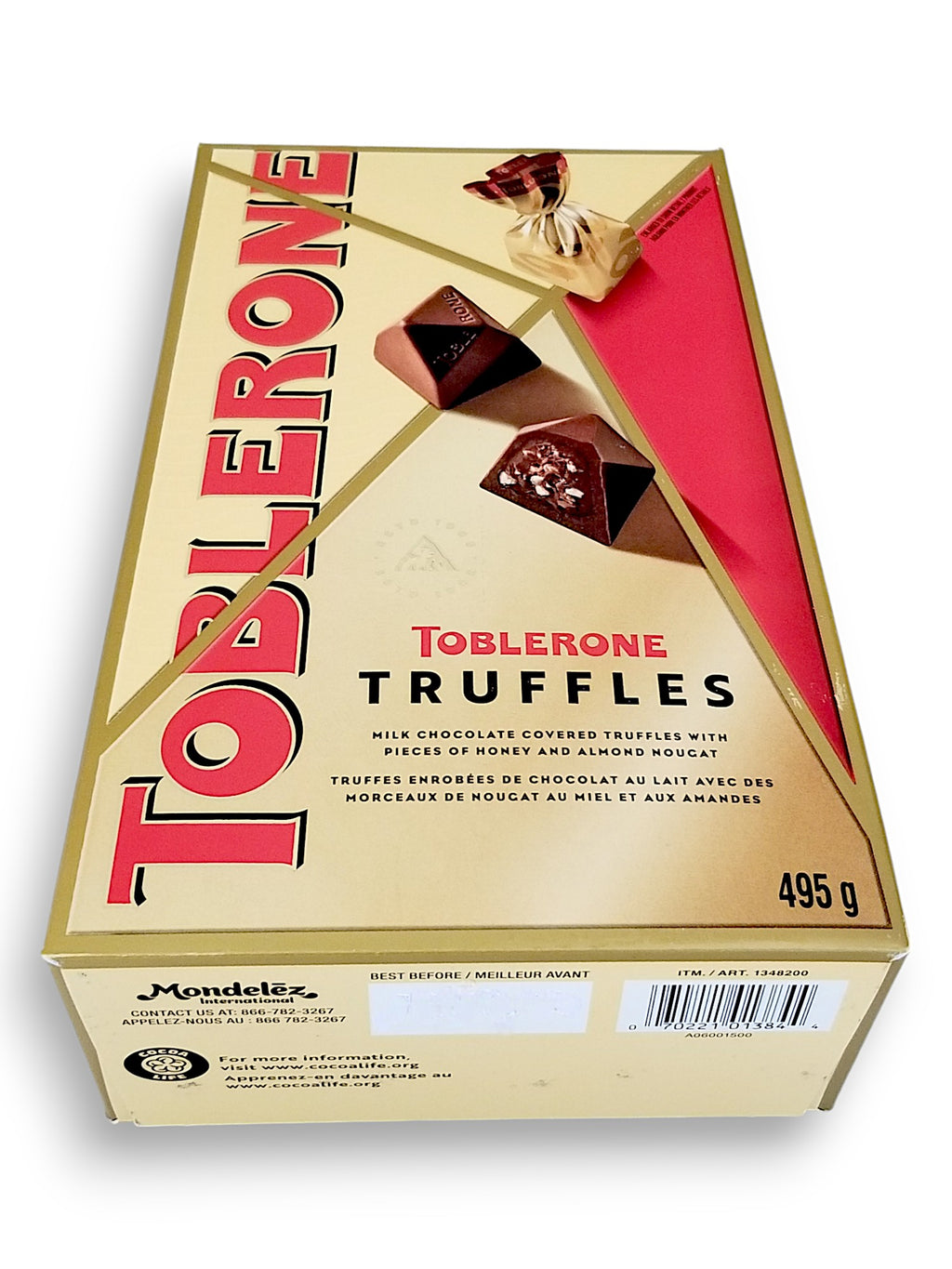 bottom of Toblerone Milk Chocolate Covered Truffles With Pieces Of Honey & Almond Nougat, 495g/1.1 lb., Box