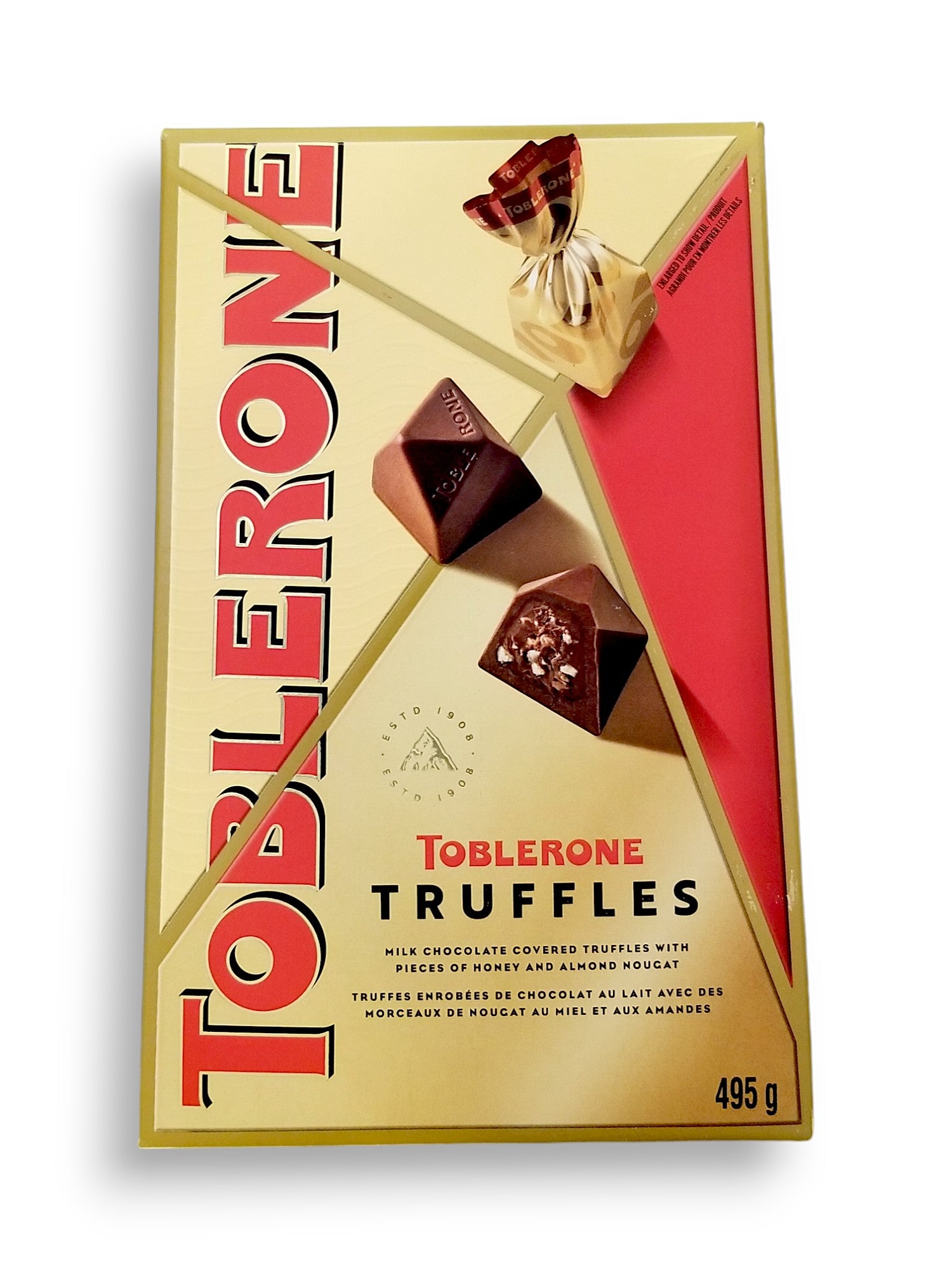 Front of Toblerone Milk Chocolate Covered Truffles With Pieces Of Honey & Almond Nougat, 495g/1.1 lb., Box