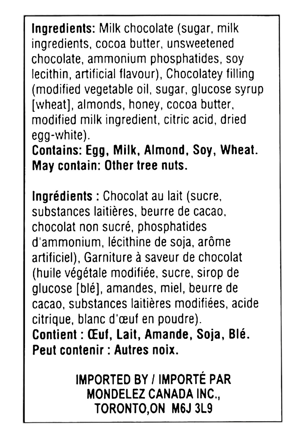 Ingredients label of Toblerone Milk Chocolate Covered Truffles With Pieces Of Honey & Almond Nougat, 495g/1.1 lb., Box