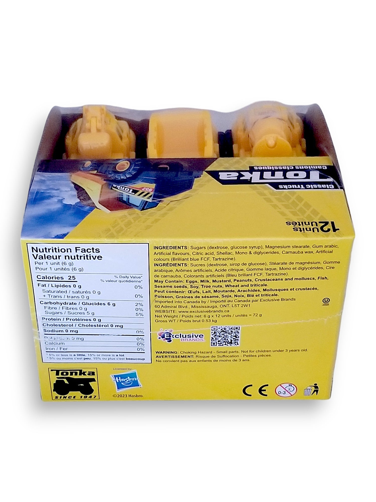 Back of Tonka Classic Toy Trucks, Cement Mixer/ Dump Truck/ Tow Truck, (12x6g), 72g/2.5 oz. total, Package