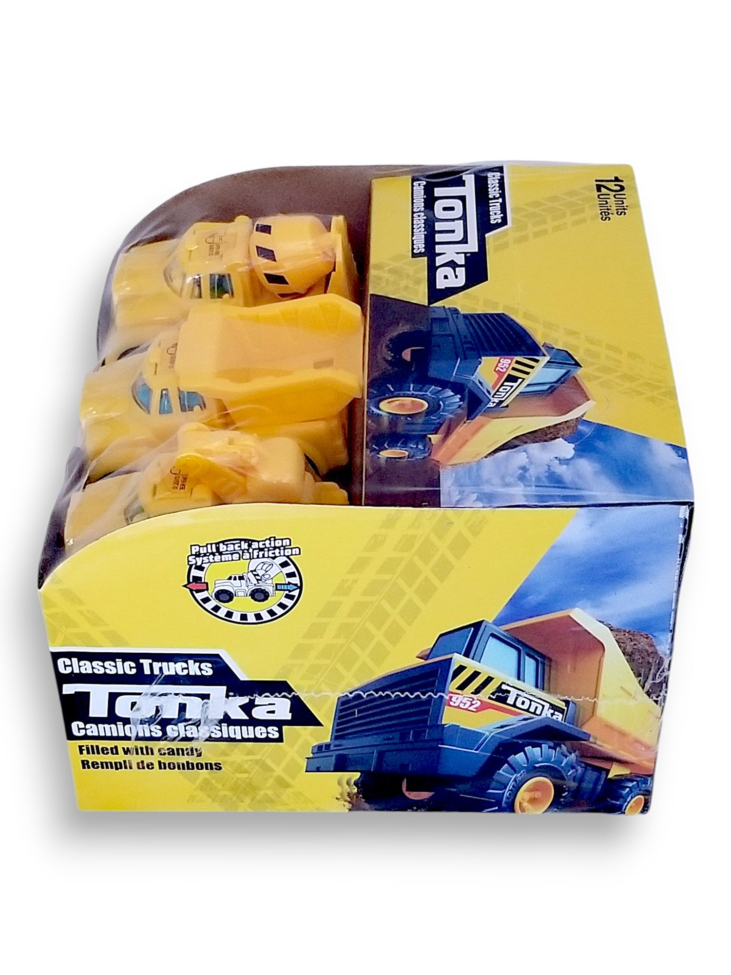 Side of Tonka Classic Toy Trucks, Cement Mixer/ Dump Truck/ Tow Truck, (12x6g), 72g/2.5 oz. total, Package