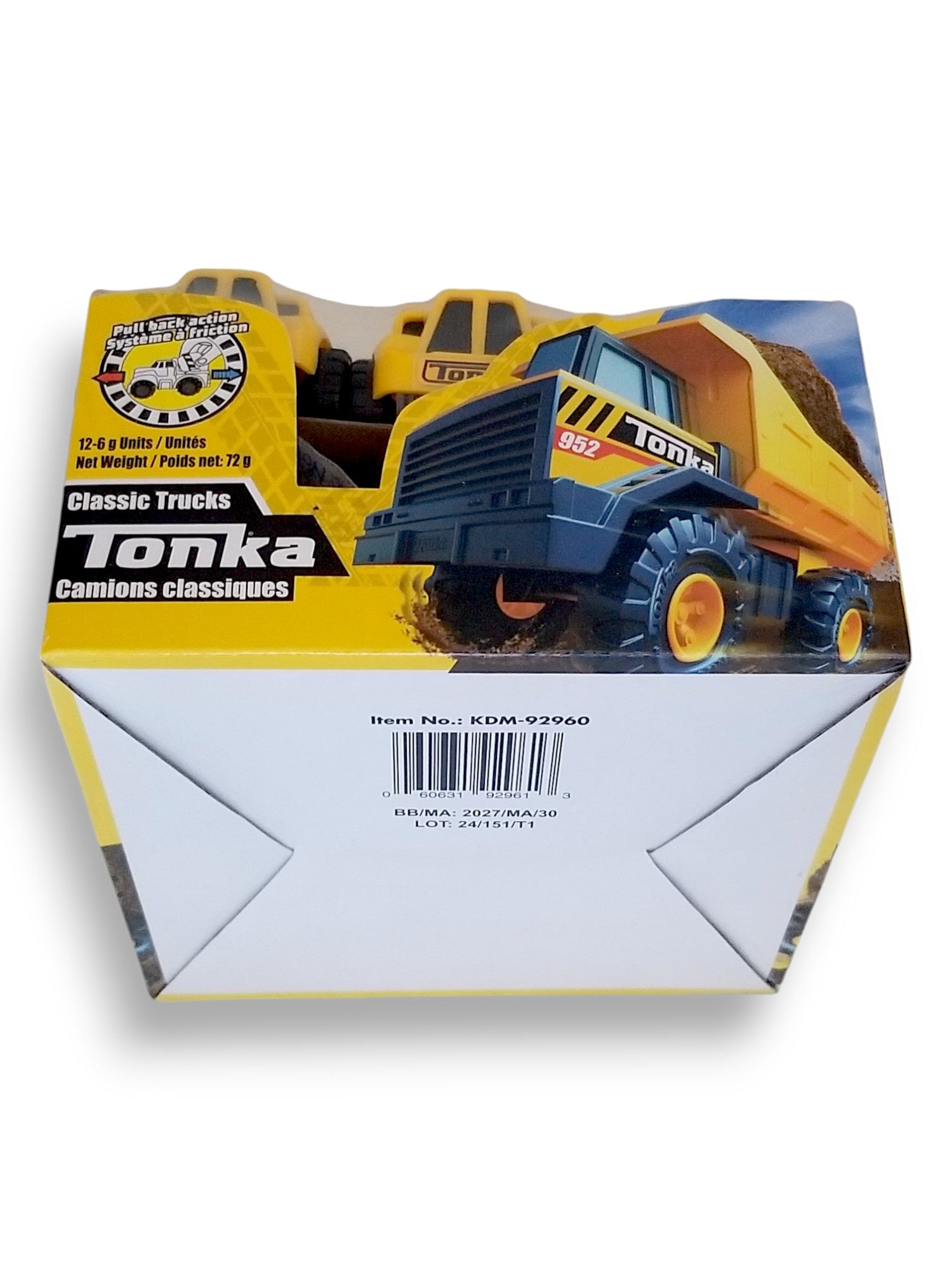 Bottom of Tonka Classic Toy Trucks, Cement Mixer/ Dump Truck/ Tow Truck, (12x6g), 72g/2.5 oz. total, Package