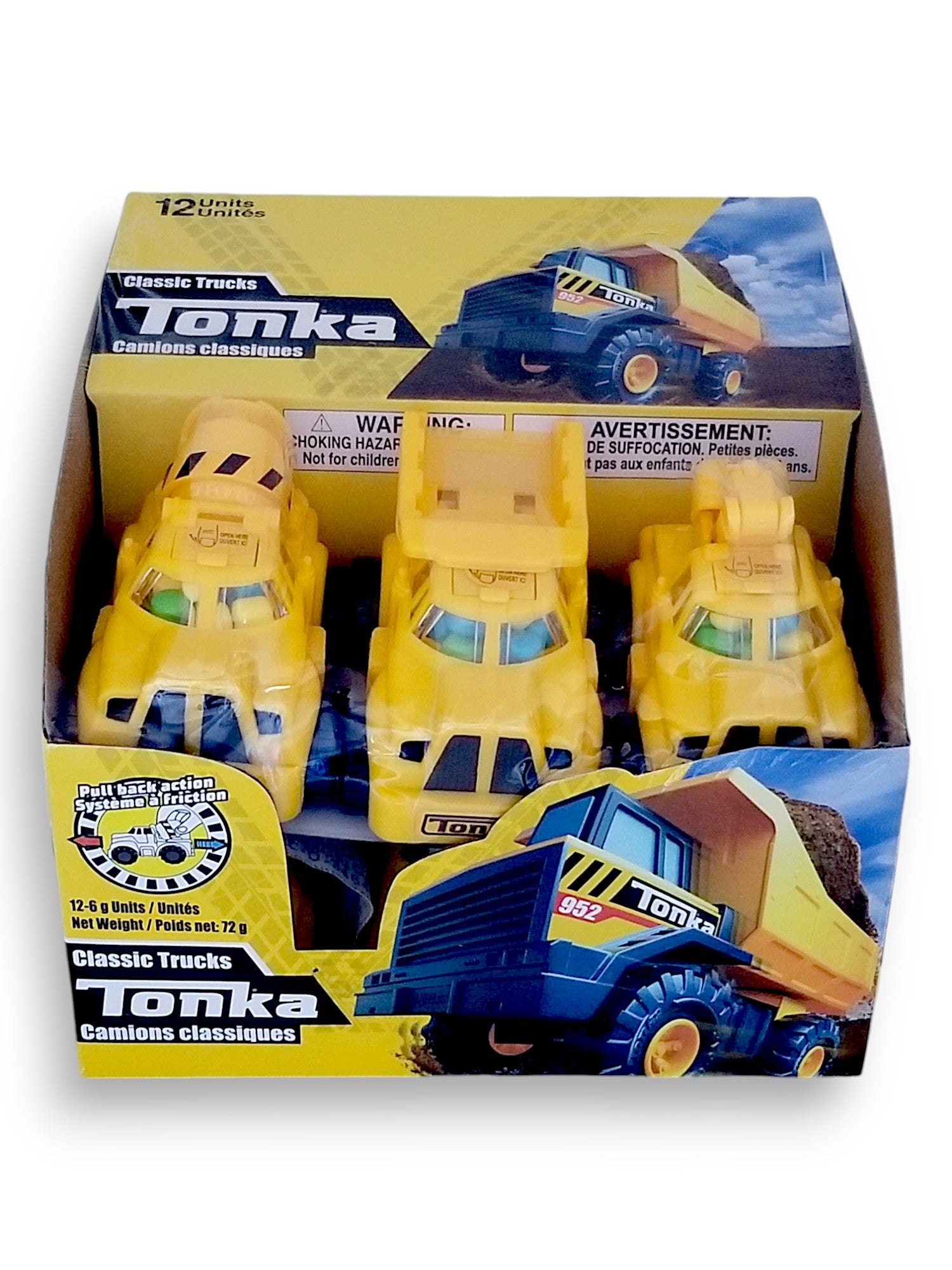 Front of Tonka Classic Toy Trucks, Cement Mixer/ Dump Truck/ Tow Truck, (12x6g), 72g/2.5 oz. total, Package