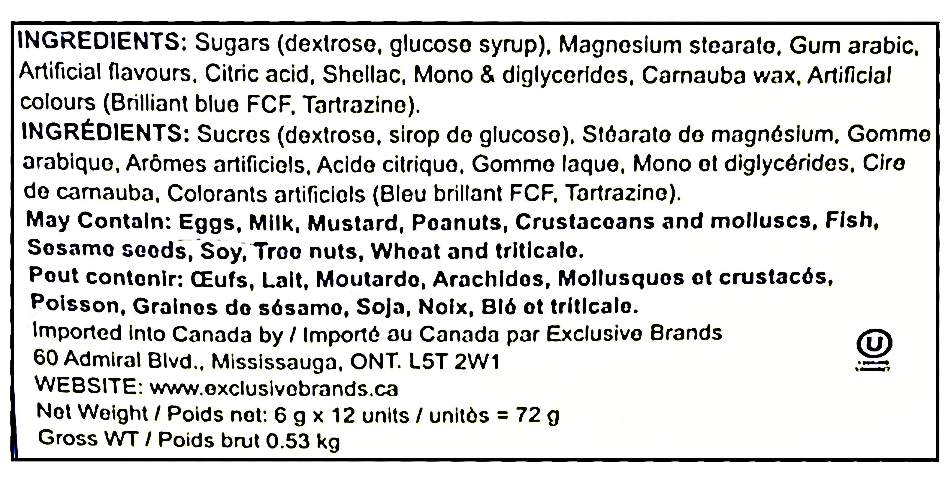 Ingredients label of Tonka Classic Toy Trucks, Cement Mixer/ Dump Truck/ Tow Truck, (12x6g), 72g/2.5 oz. total, Package