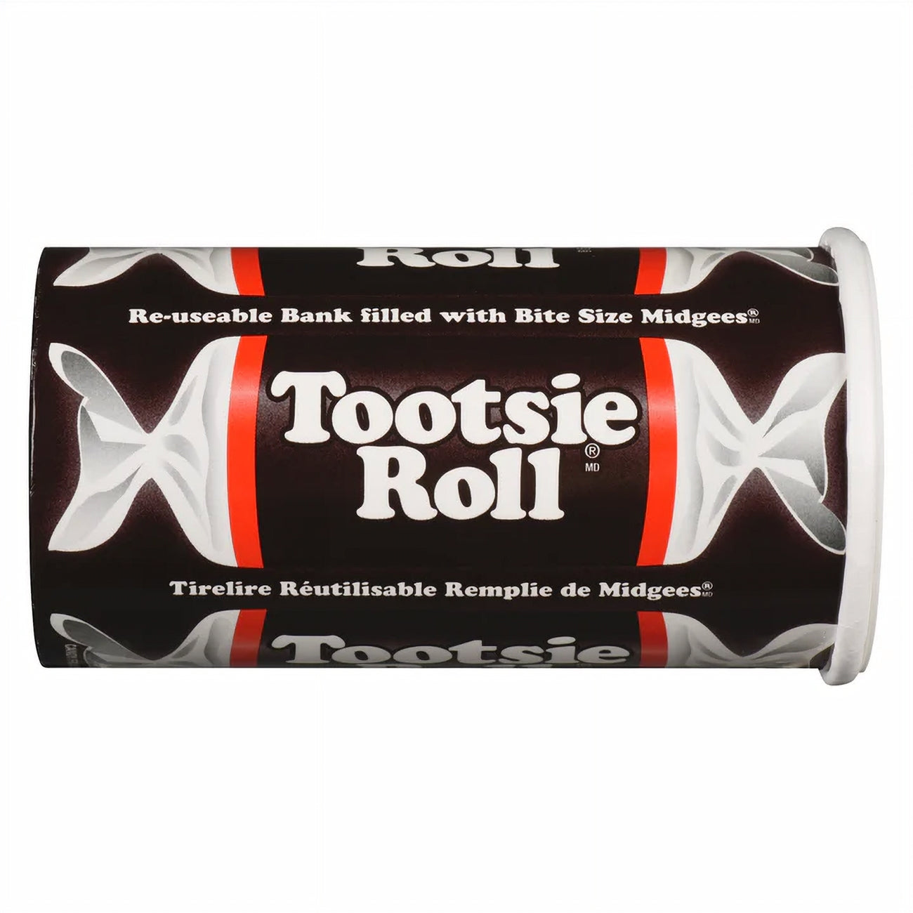 Tootsie Roll re-usable bank filled with bite-size midgees on a white background