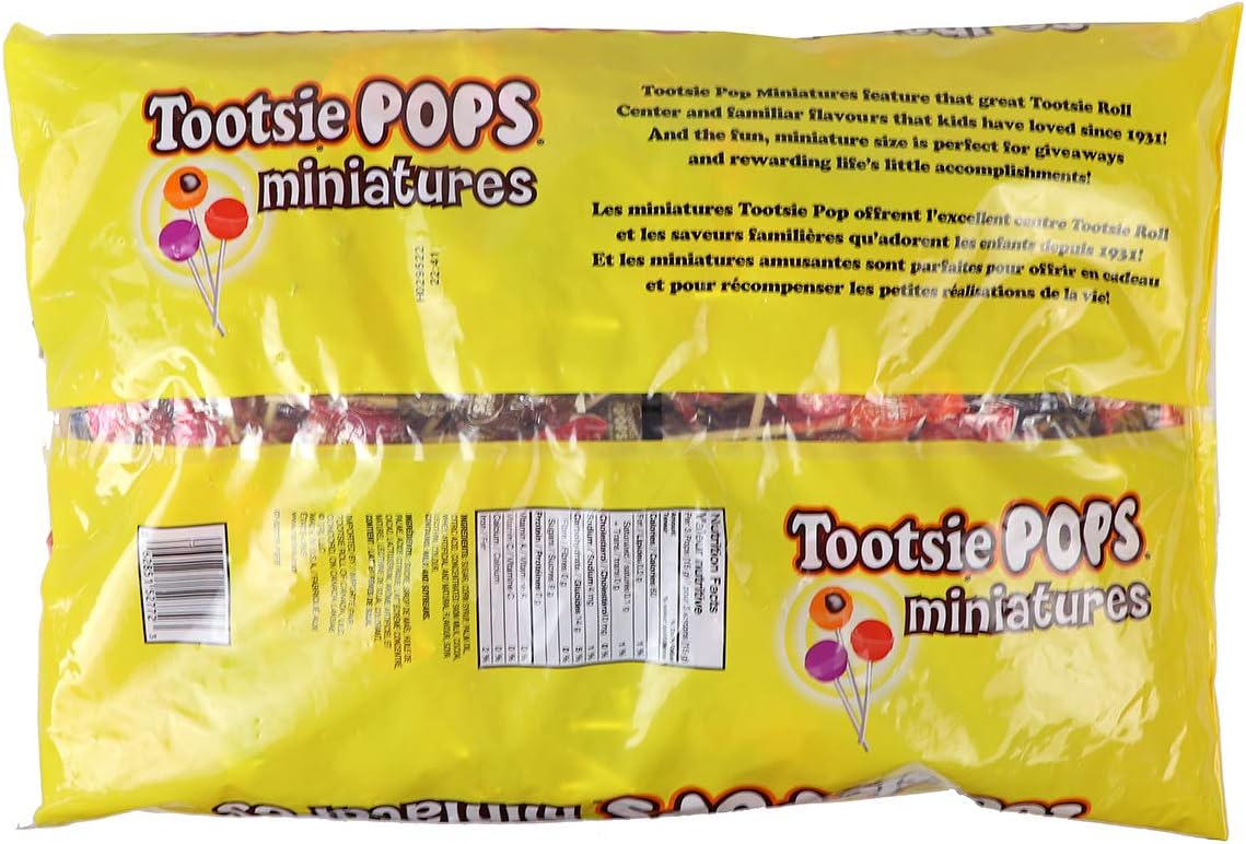 Tootsie Pops Assorted Miniatures, Tootsie Roll filled Lollipops, 275 pieces, 1.4kg/3 lbs. Bag Back Side
