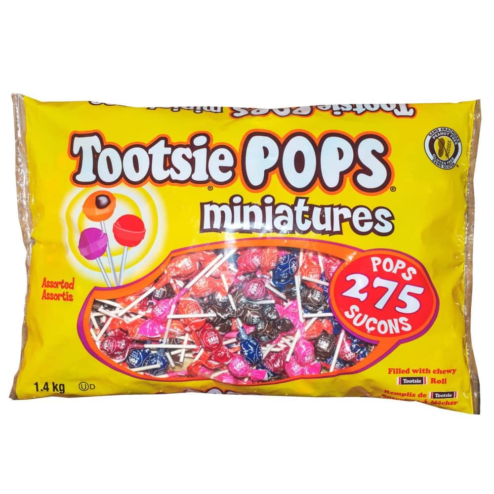 Tootsie Pops Assorted Miniatures, Tootsie Roll filled Lollipops, 275 pieces, 1.4kg/3 lbs. Bag Front Side