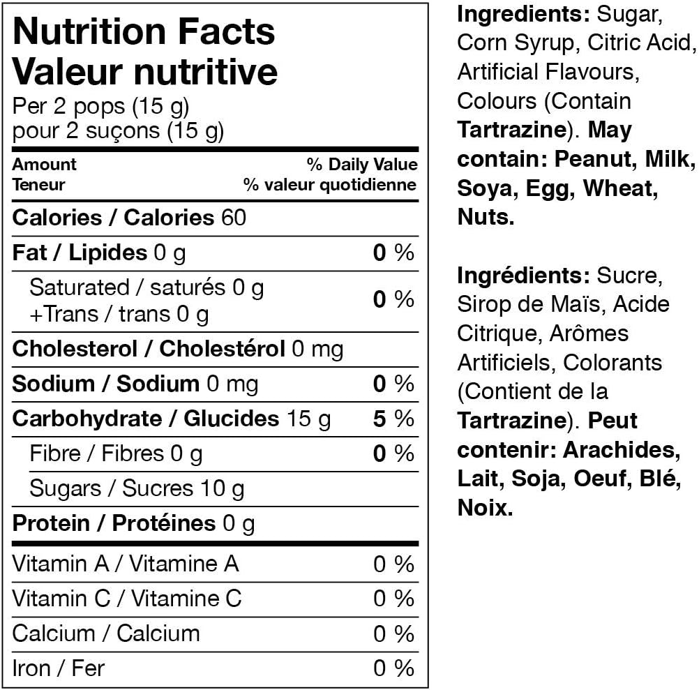 Tootsie Pops Assorted Miniatures, Tootsie Roll filled Lollipops, 275 pieces, 1.4kg/3 lbs. Bag Nutrition Facts