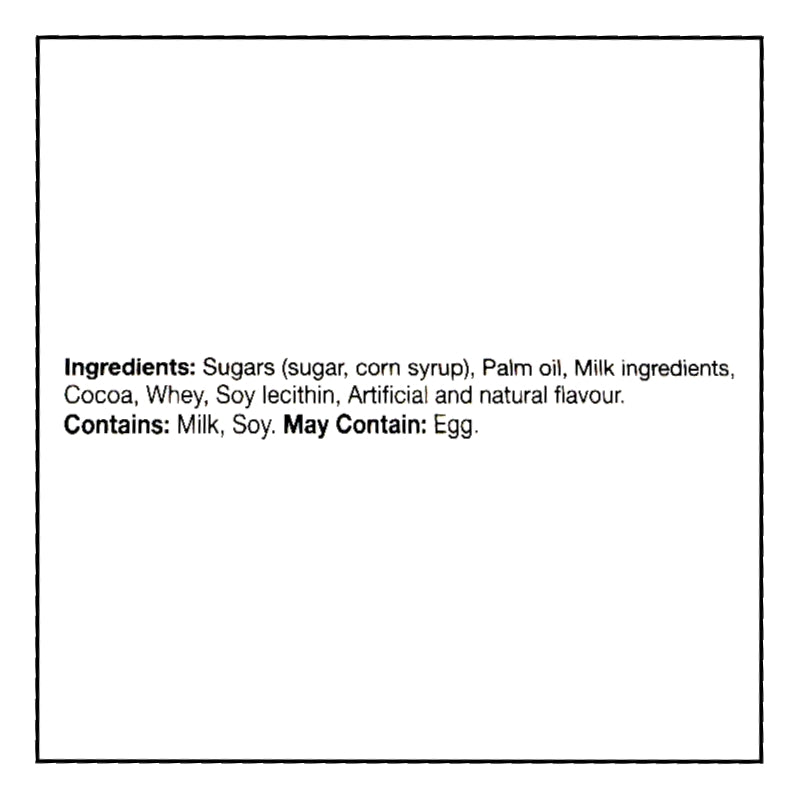 Text displaying ingredients and allergen information for Tootsie Roll Bank, Bite Size Chocolate Midgees, 141g/4.9 oz on a white background