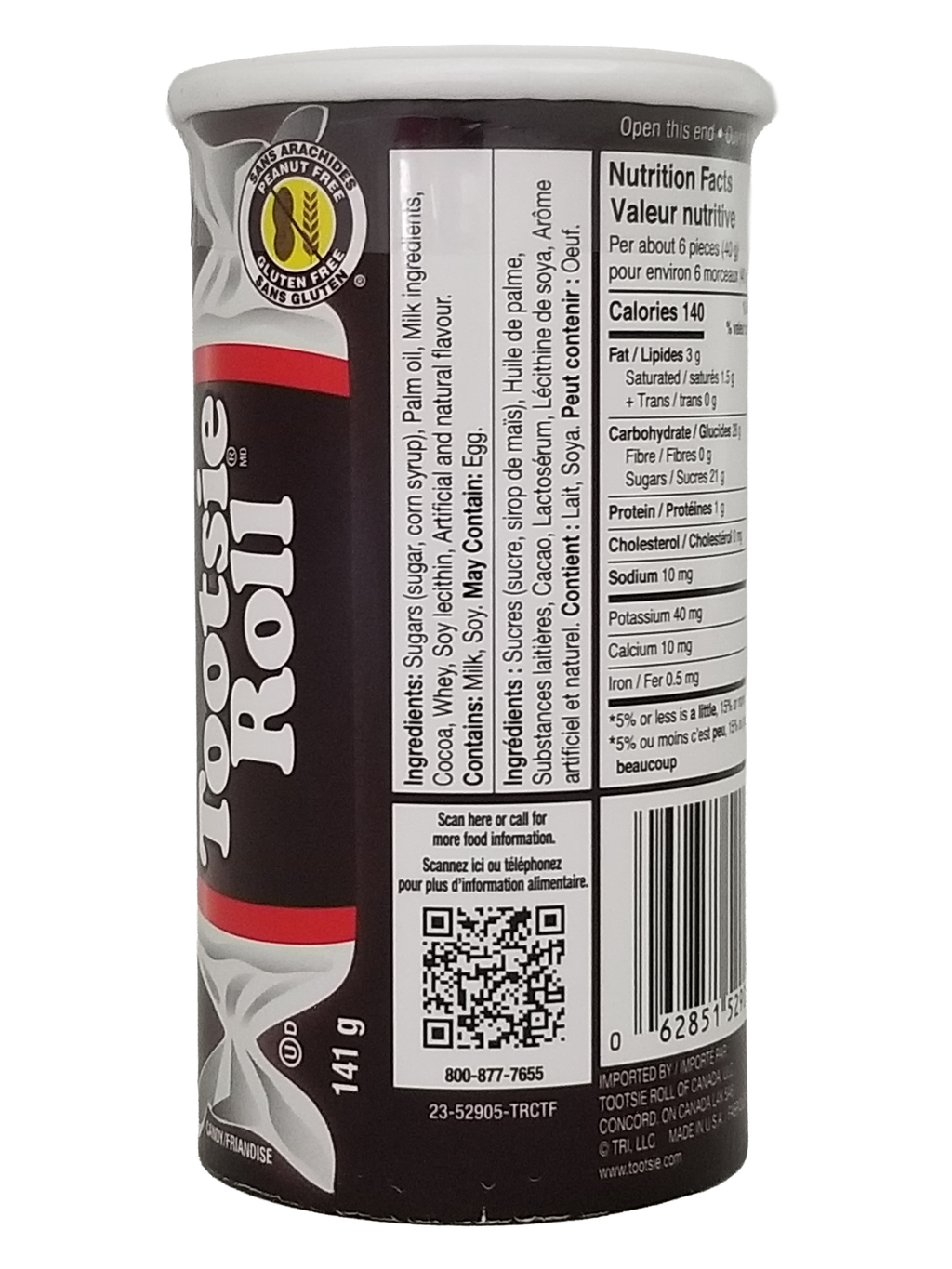Tootsie Roll Bank, Bite Size Chocolate Midgees, 141g/4.9 oz with nutritional information and barcode on a white background