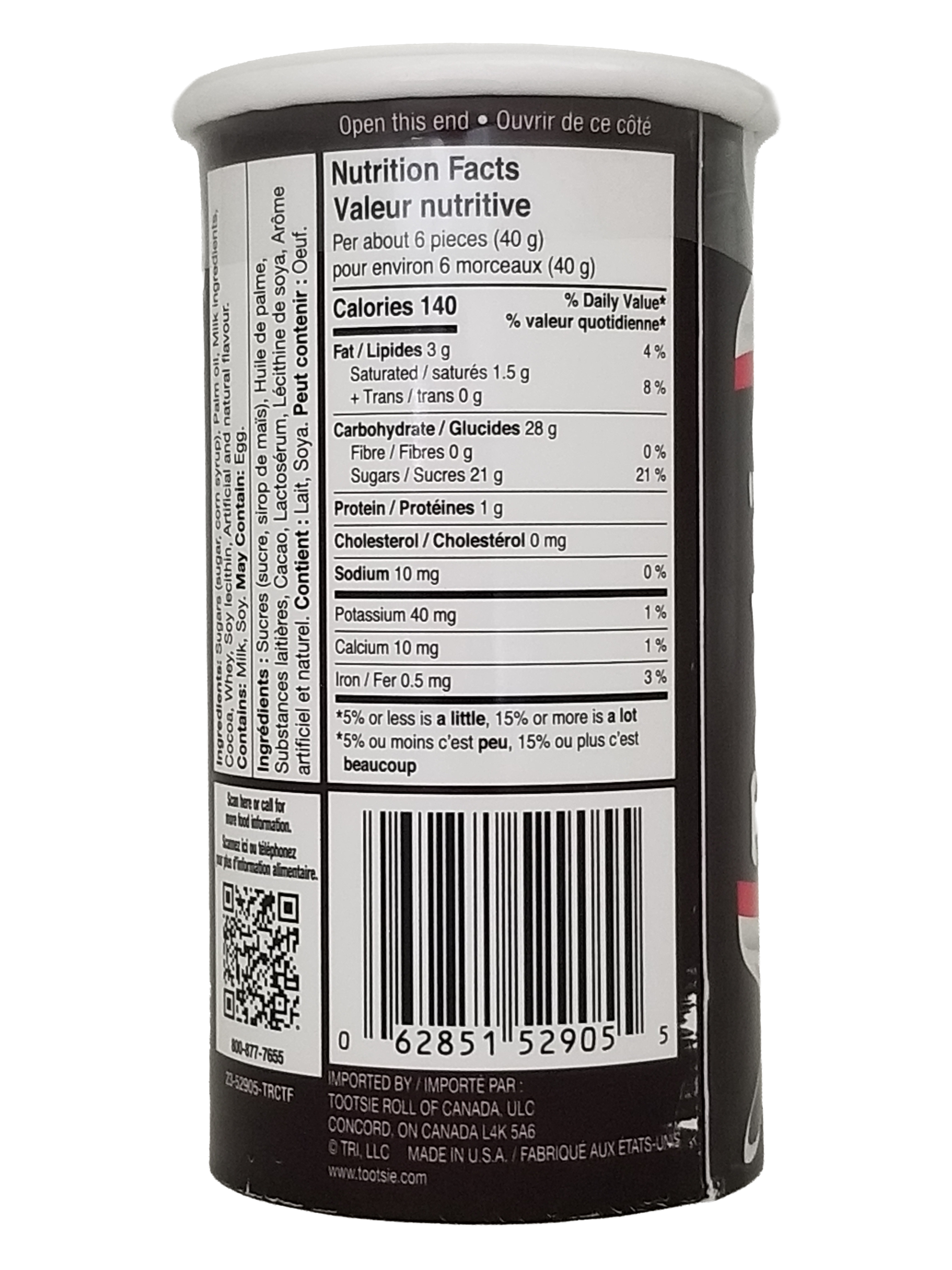 Nutrition facts label for Tootsie Roll Bank, Bite Size Chocolate Midgees, 141g/4.9 oz on a cylindrical container with a white background