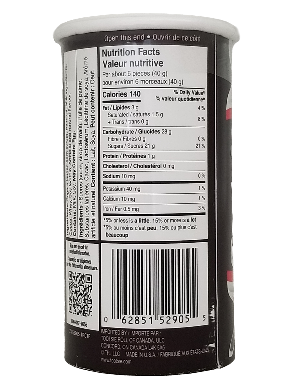 Nutrition facts label for Tootsie Roll Bank, Bite Size Chocolate Midgees, 141g/4.9 oz on a cylindrical container with a white background