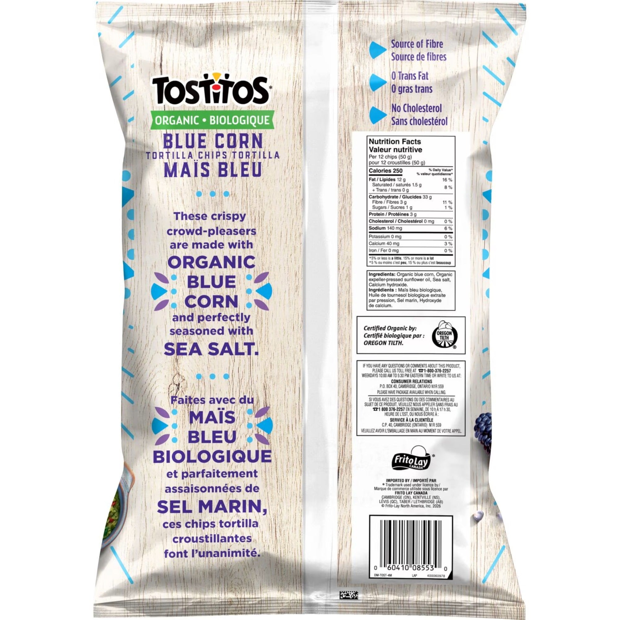 Back of Tostitos Organic Blue Corn Tortilla Chips bag with bilingual product information, nutrition, ingredients, and barcode.
