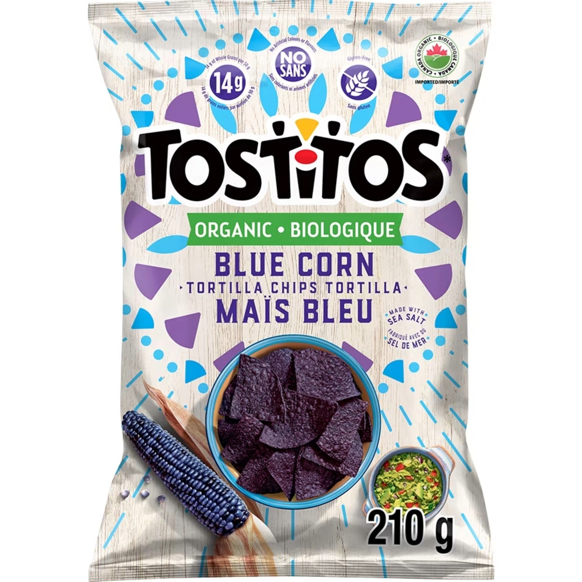 Front of Tostitos Organic Blue Corn Tortilla Chips 7.4 oz bag, showing sea salt labeling and purple chips.
