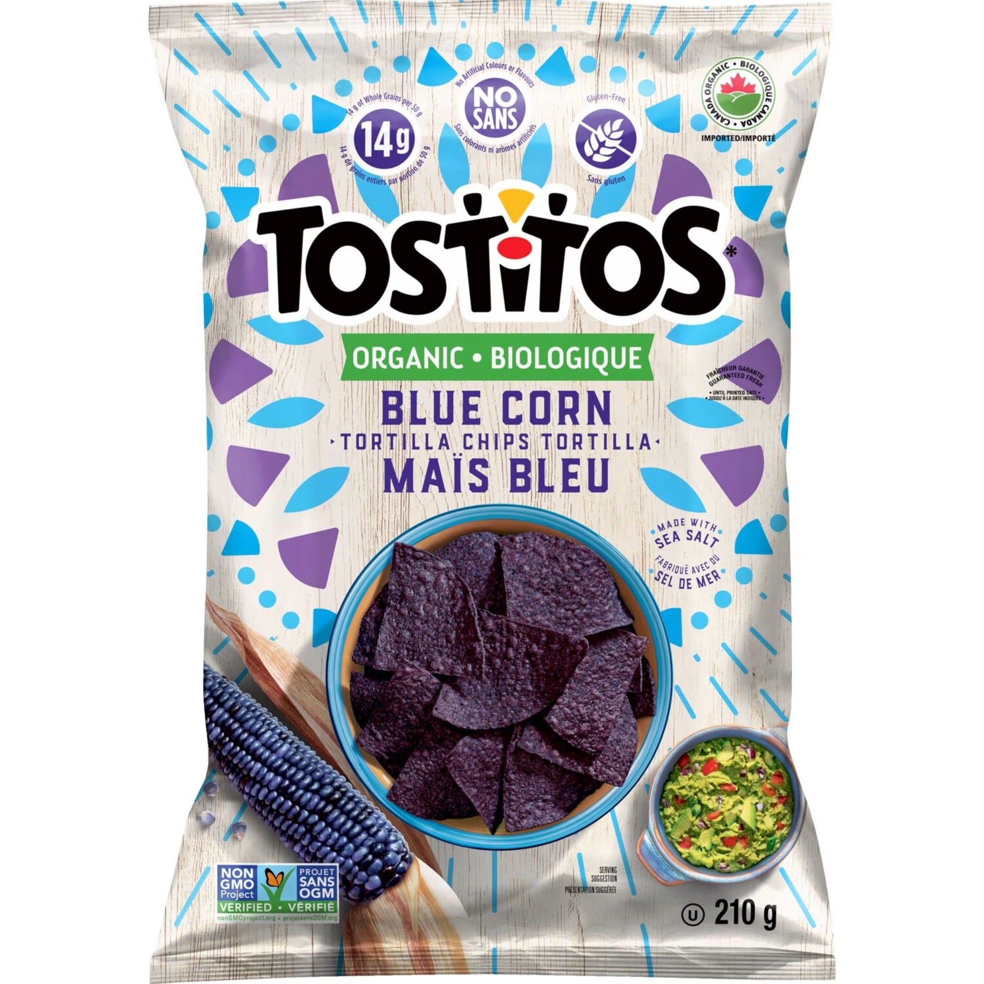 Front of Tostitos Organic Blue Corn Tortilla Chips bag with Non-GMO Project Verified logo and a bowl of purple chips.