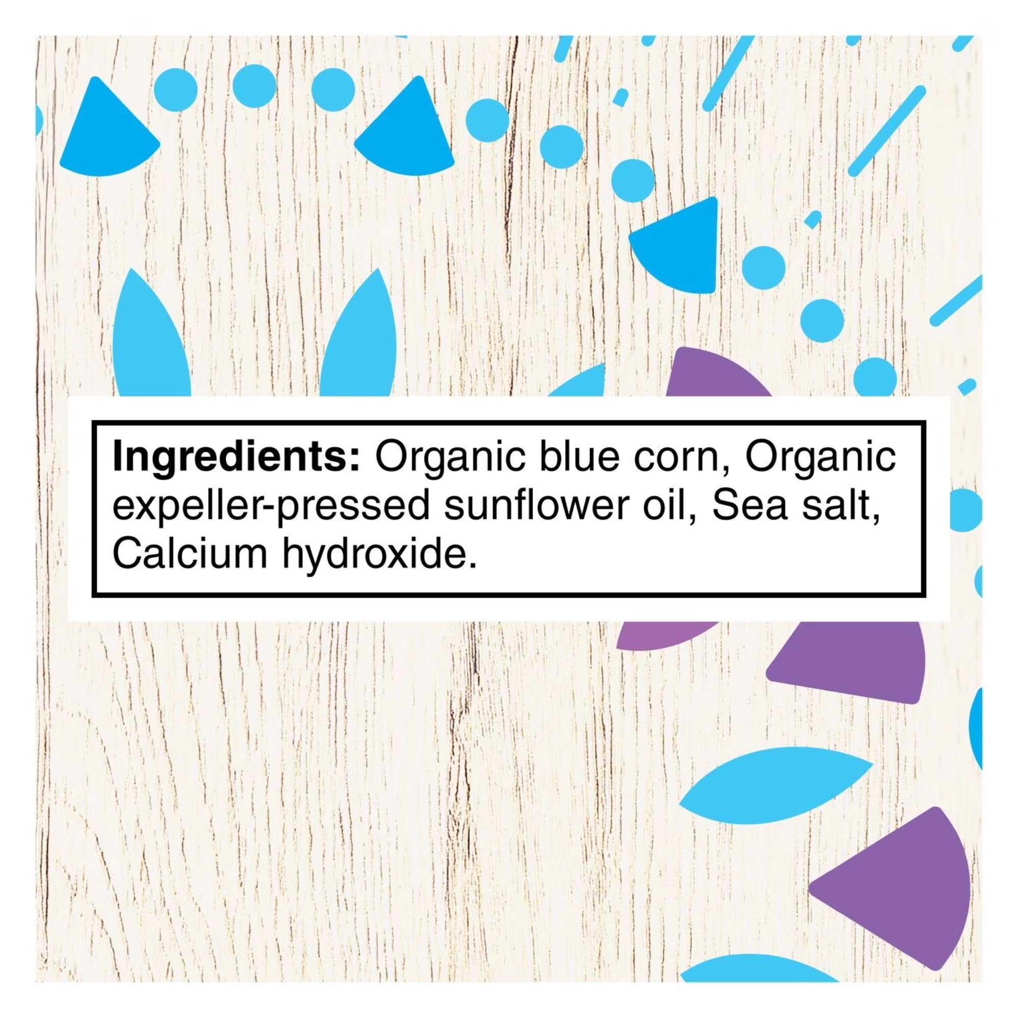 English ingredients label for Tostitos Organic Blue Corn Tortilla Chips, listing organic blue corn, sunflower oil, and sea salt.