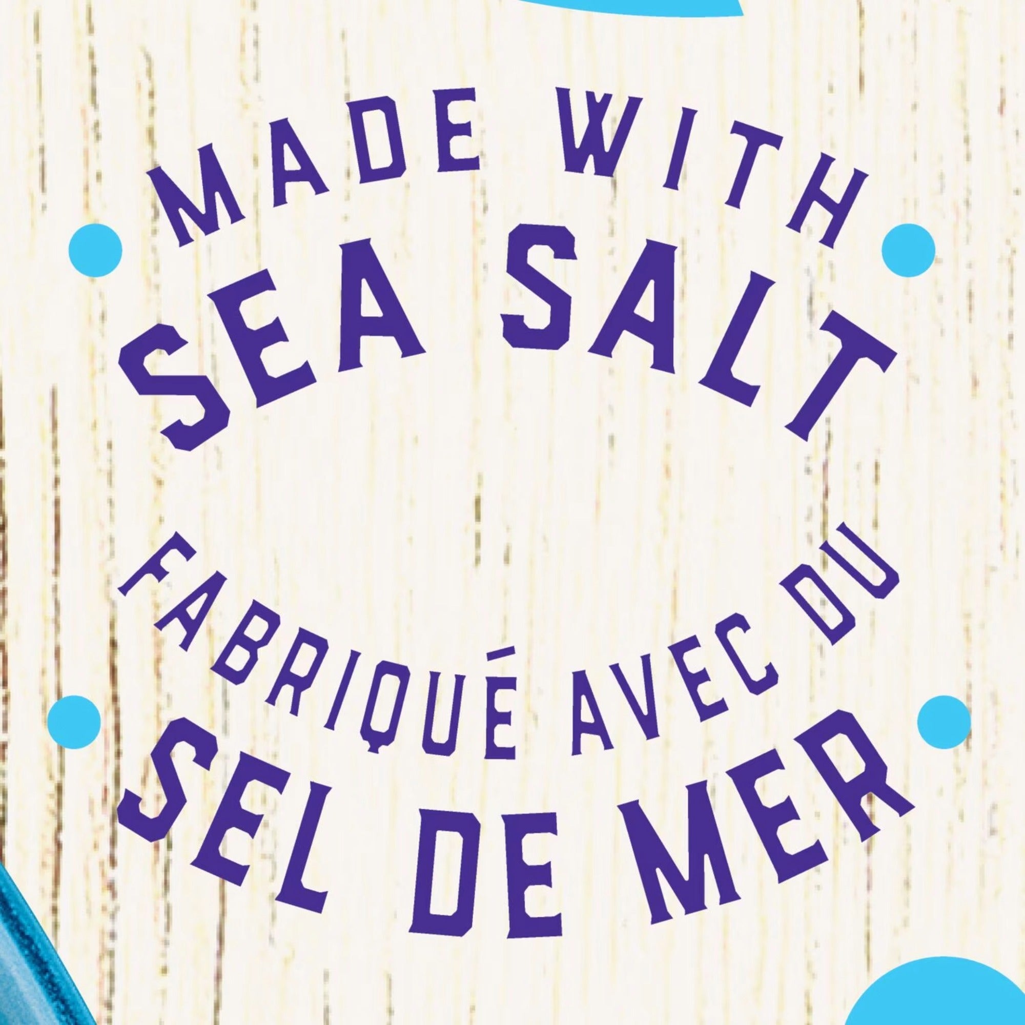 English and French “made with sea salt” labeling on Tostitos Organic Blue Corn Tortilla Chips.
