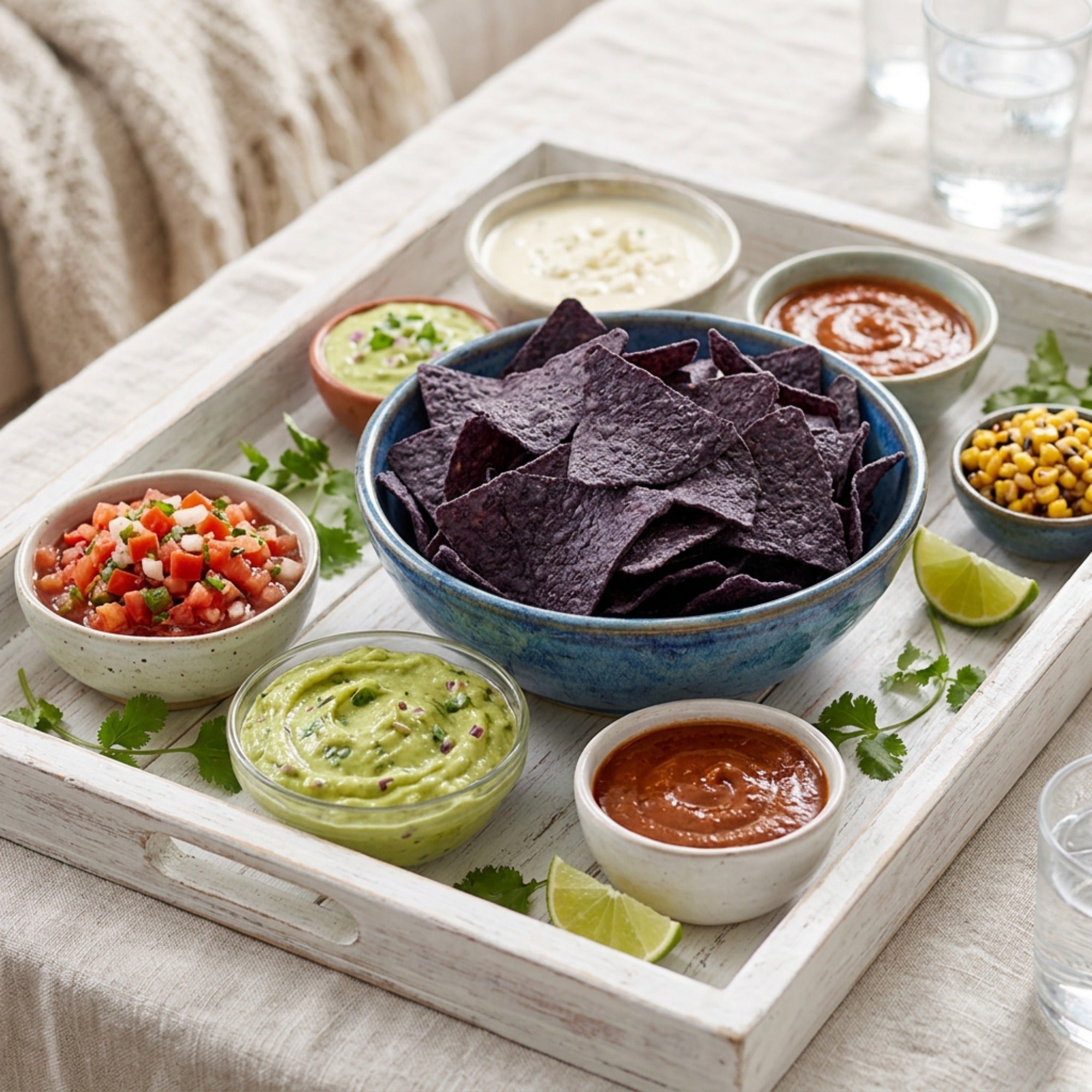 Blue corn tortilla chips in a blue bowl surrounded by guacamole, salsa, and dips on a white serving tray.